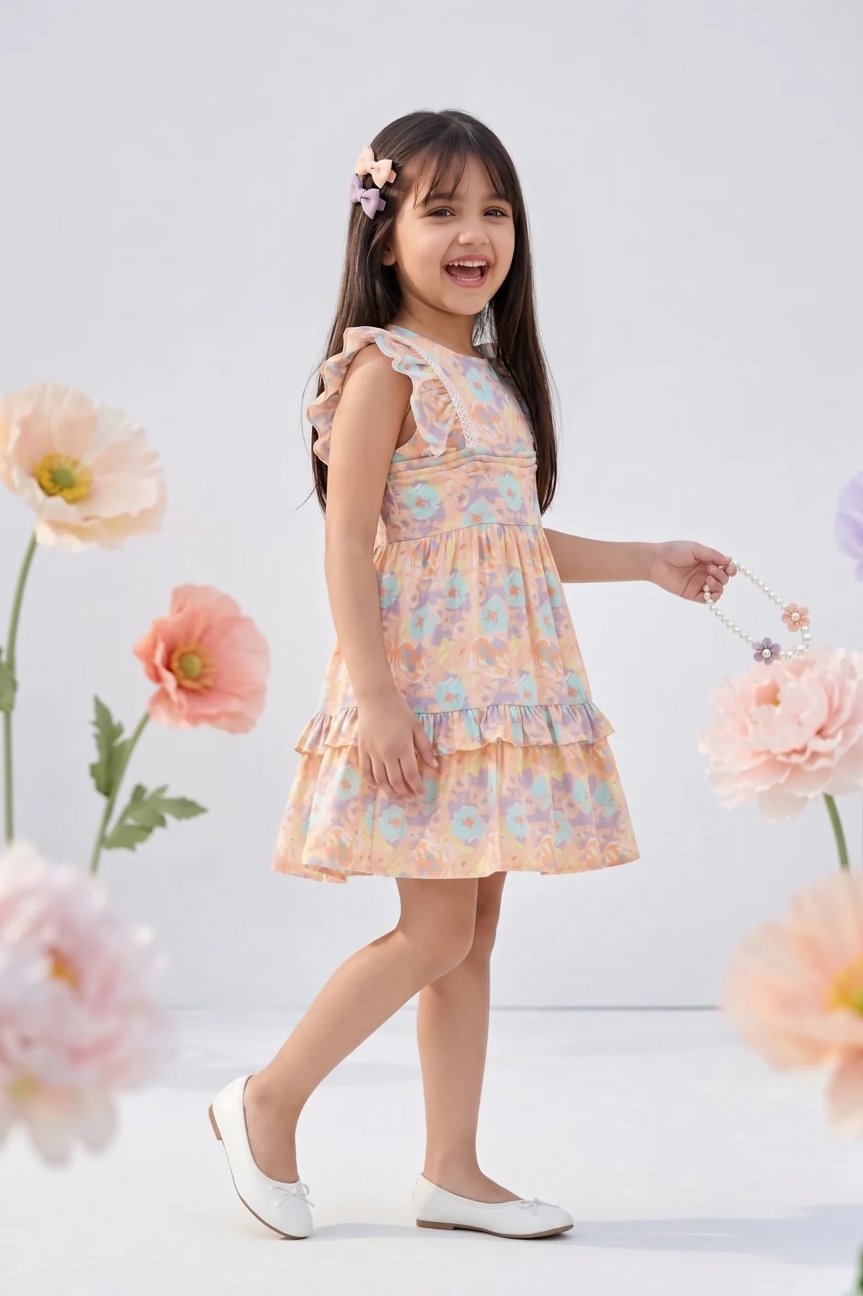 Peach Floral Ruffle Tiered Dress M2430 - Image 4