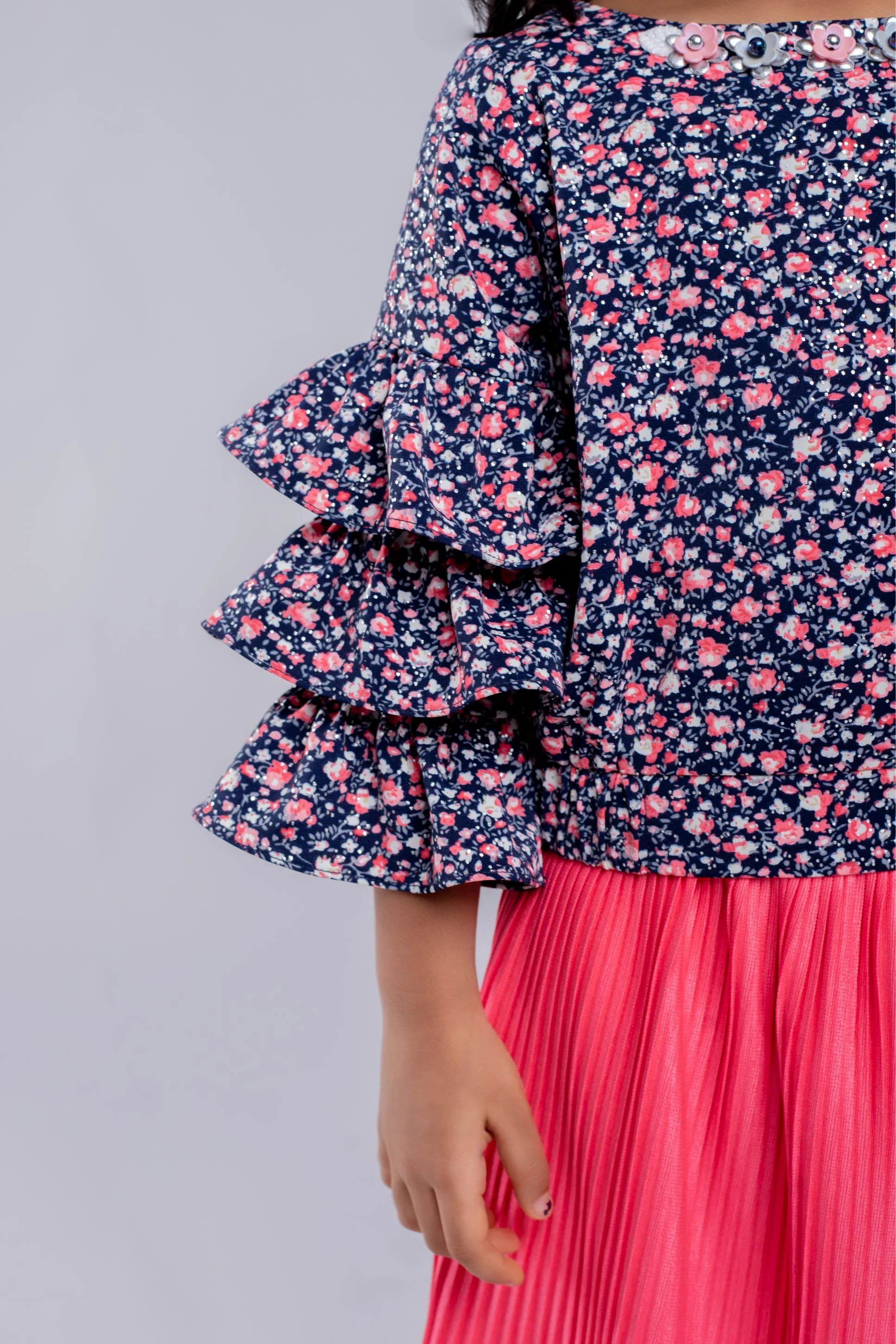 Peach Floral Ruffle Top with Pleated Skirt Set TSSET40336 - Image 10