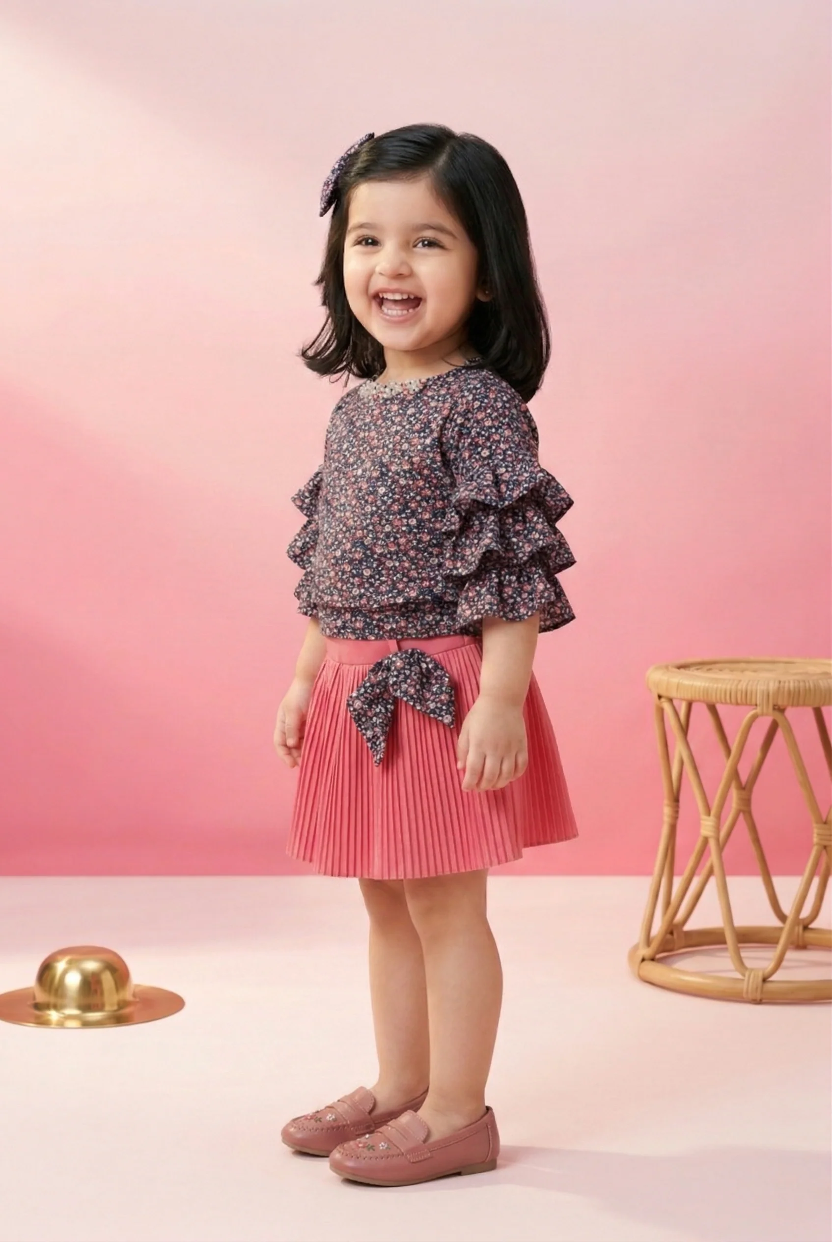 Peach Floral Ruffle Top with Pleated Skirt Set TSSET40336 - Image 3