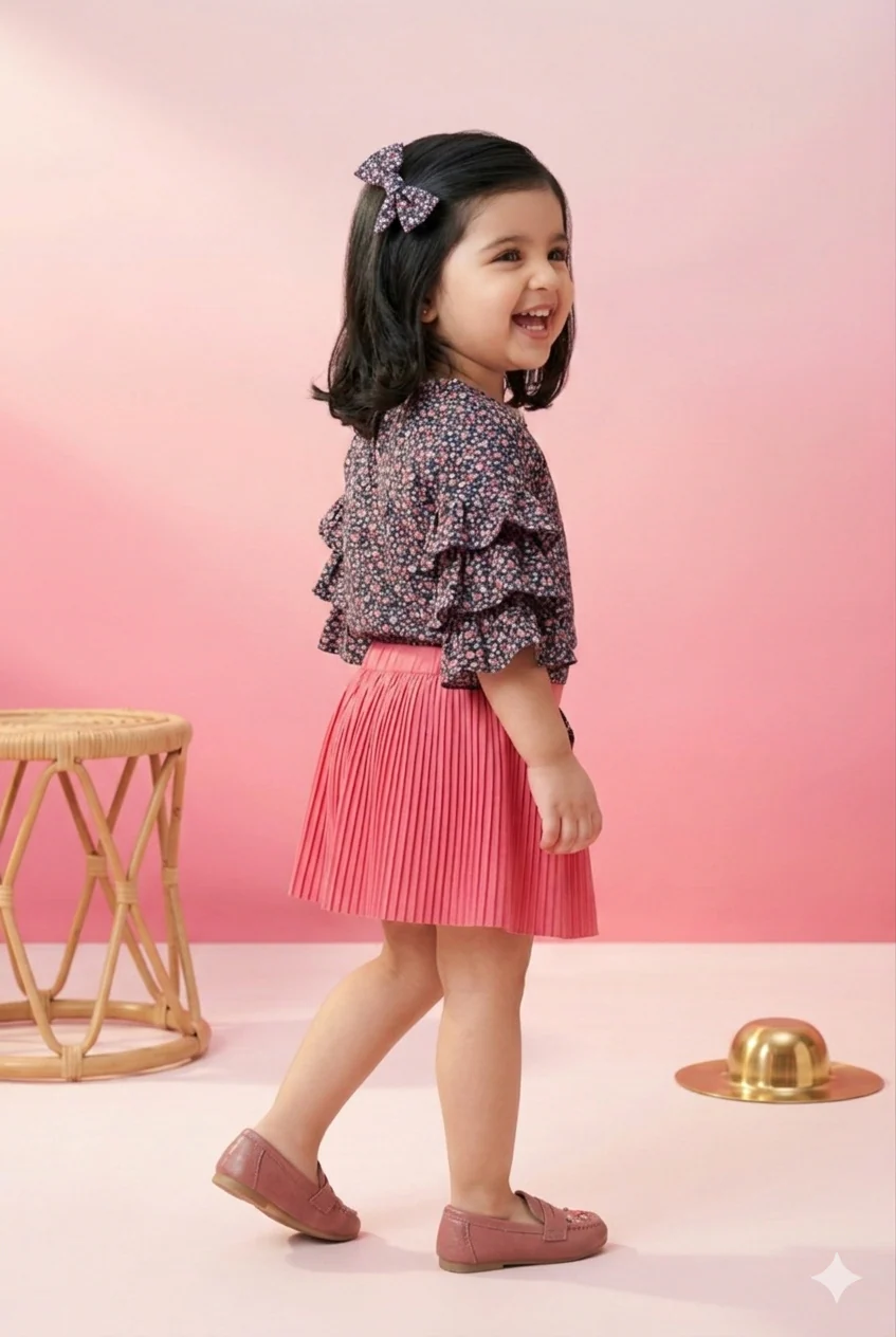Peach Floral Ruffle Top with Pleated Skirt Set TSSET40336 - Image 4
