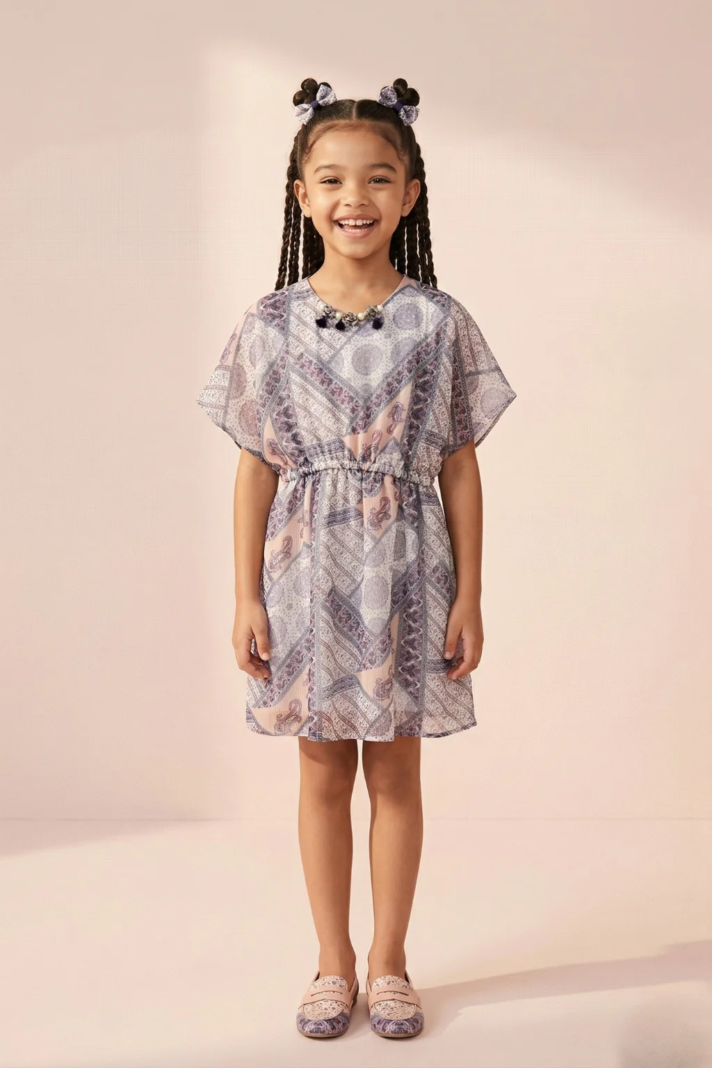 Peach & Lavender Printed Flutter Sleeve Dress M2090