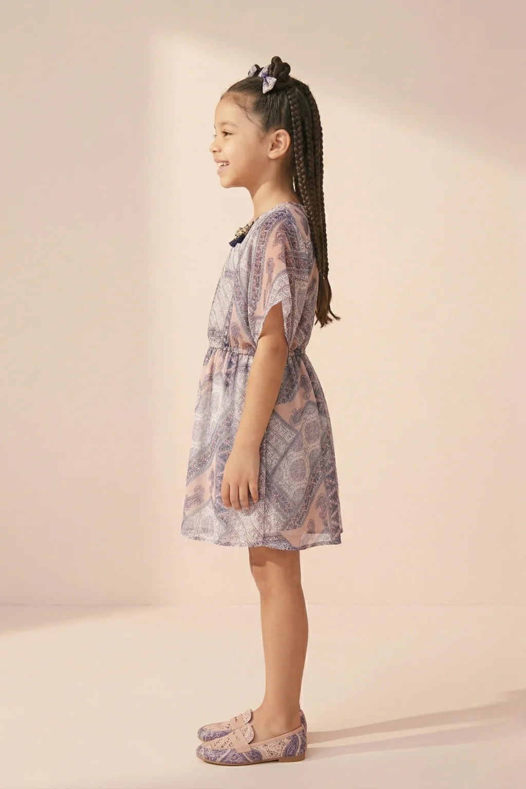 Peach & Lavender Printed Flutter Sleeve Dress M2090 - Image 4