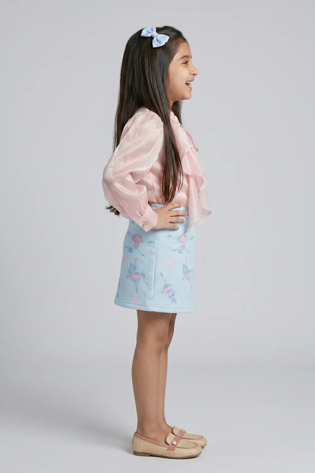 Peach Ruffle Organza Top with Blue Barbie Print Skirt Set BASET470 - Image 3