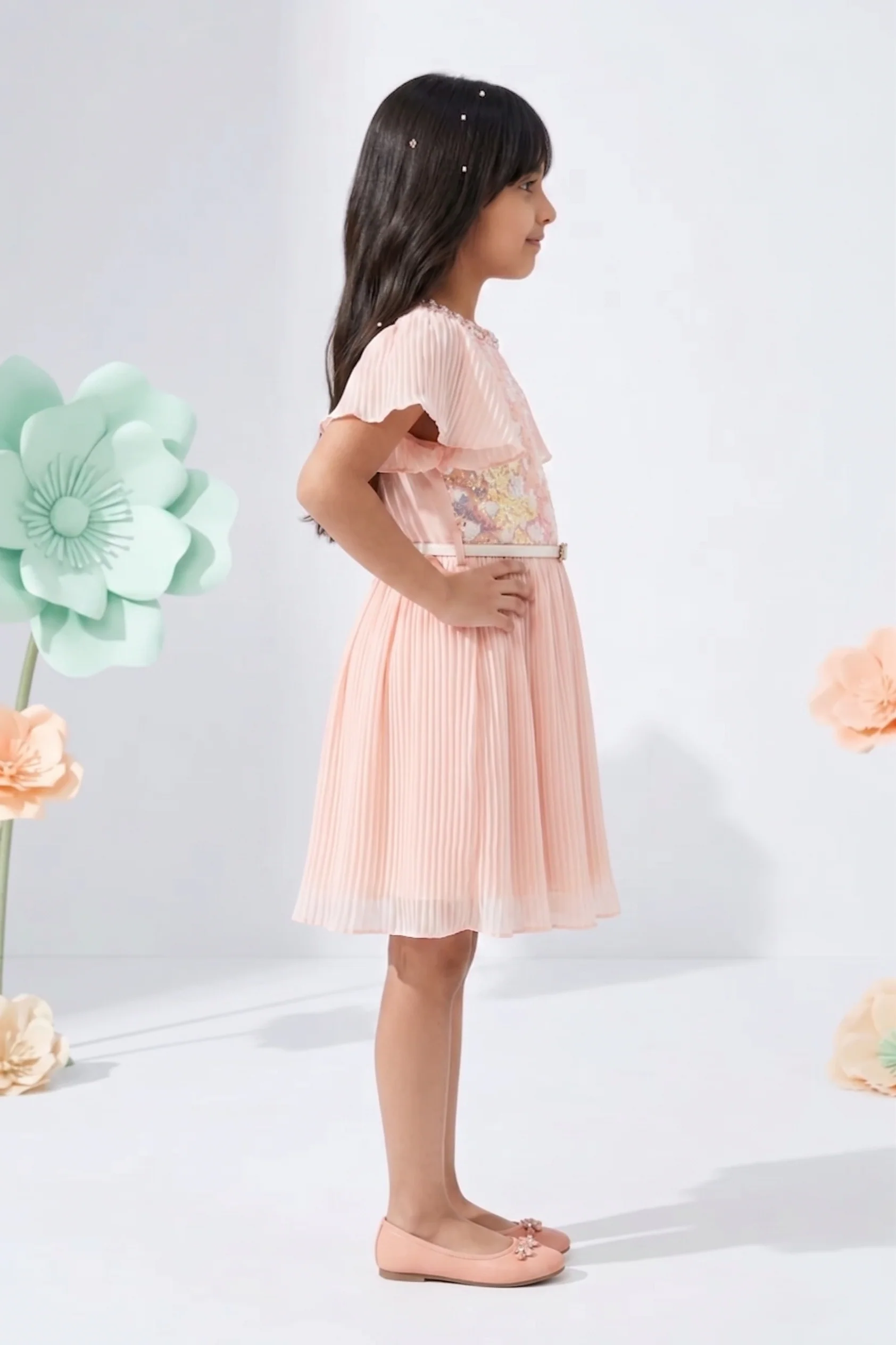Peach Sequin Pleated Party Dress M2402 - Image 4