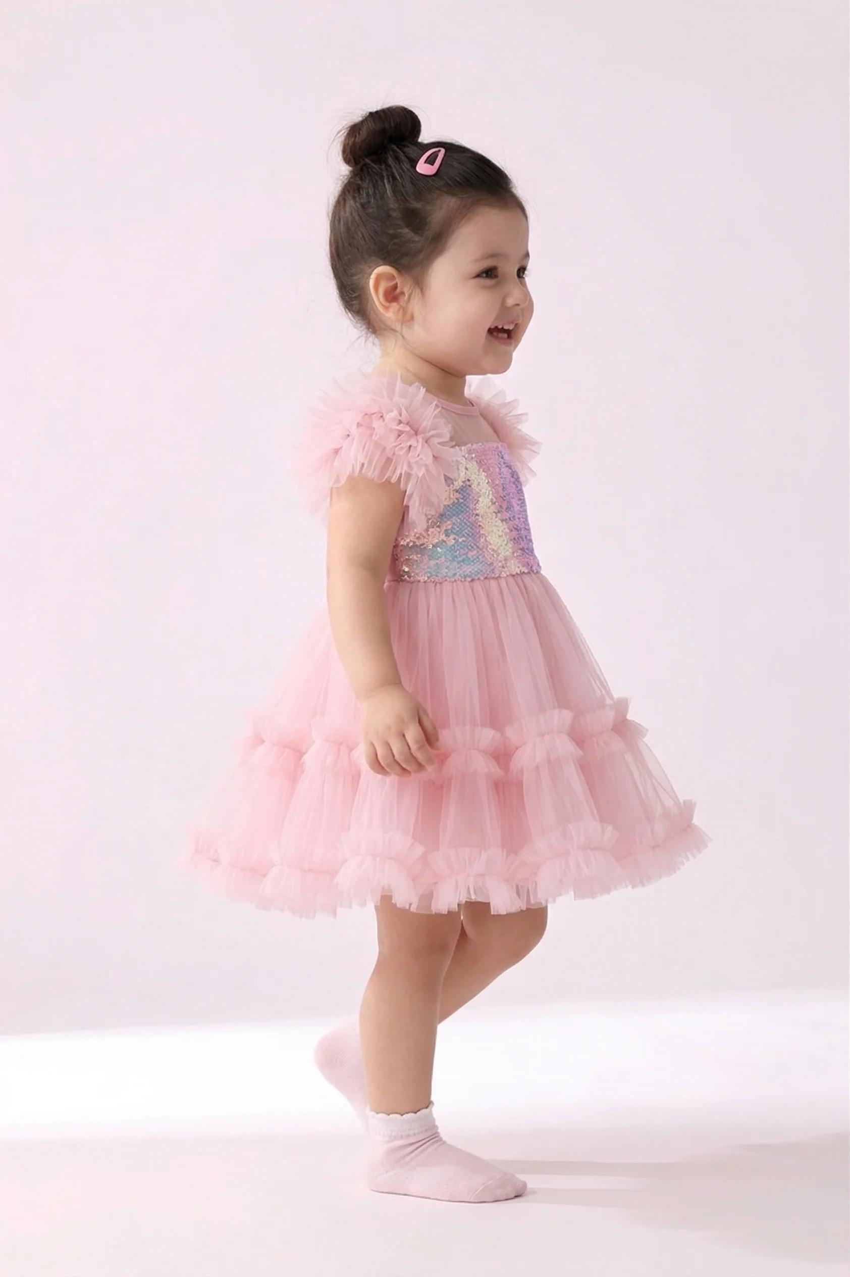Peach Sequin Tulle Party Frock TSF10066 - Image 4