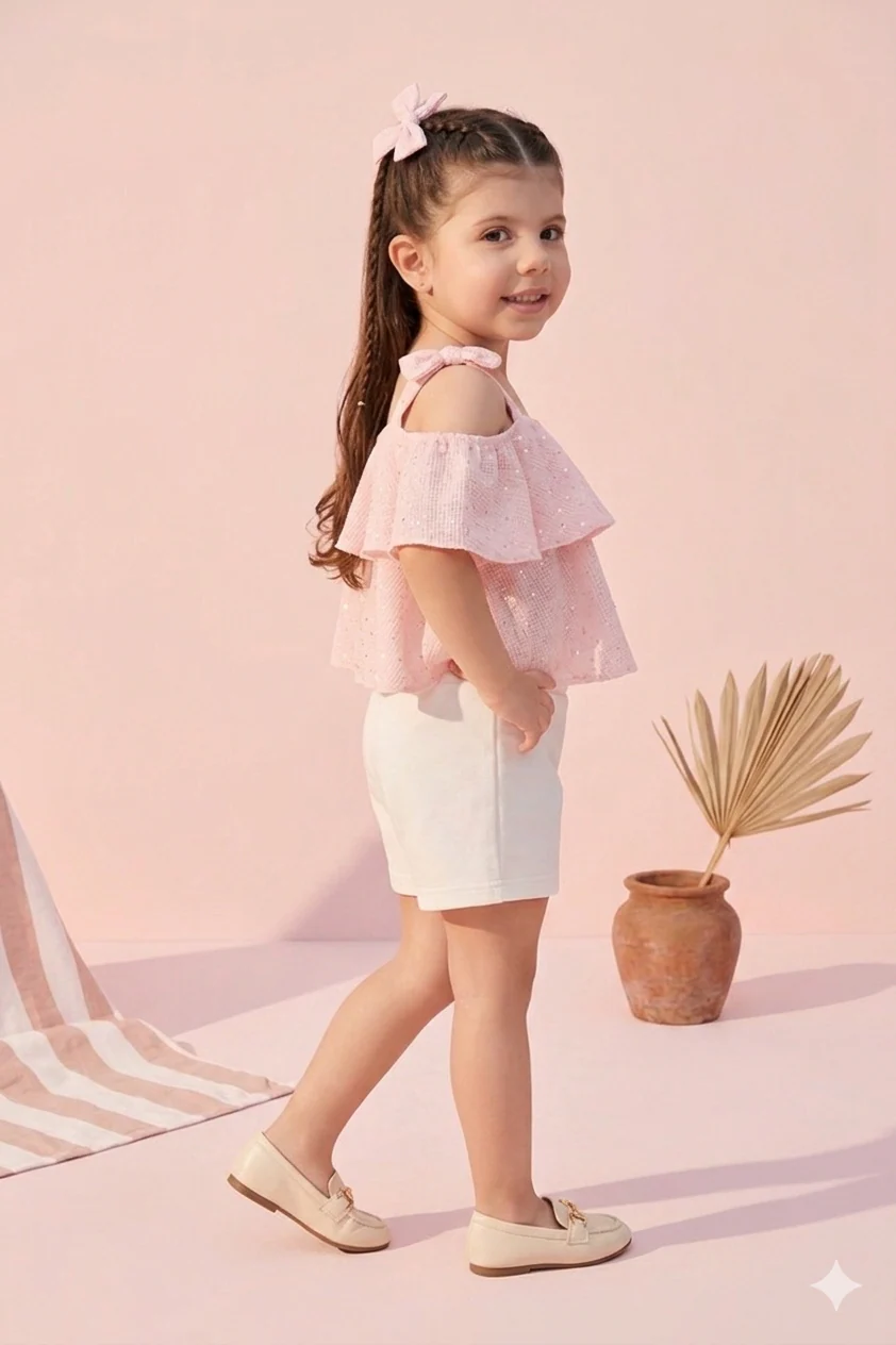Peach Shimmer Ruffle Top & White Skirt Set TSSET40469 - Image 4