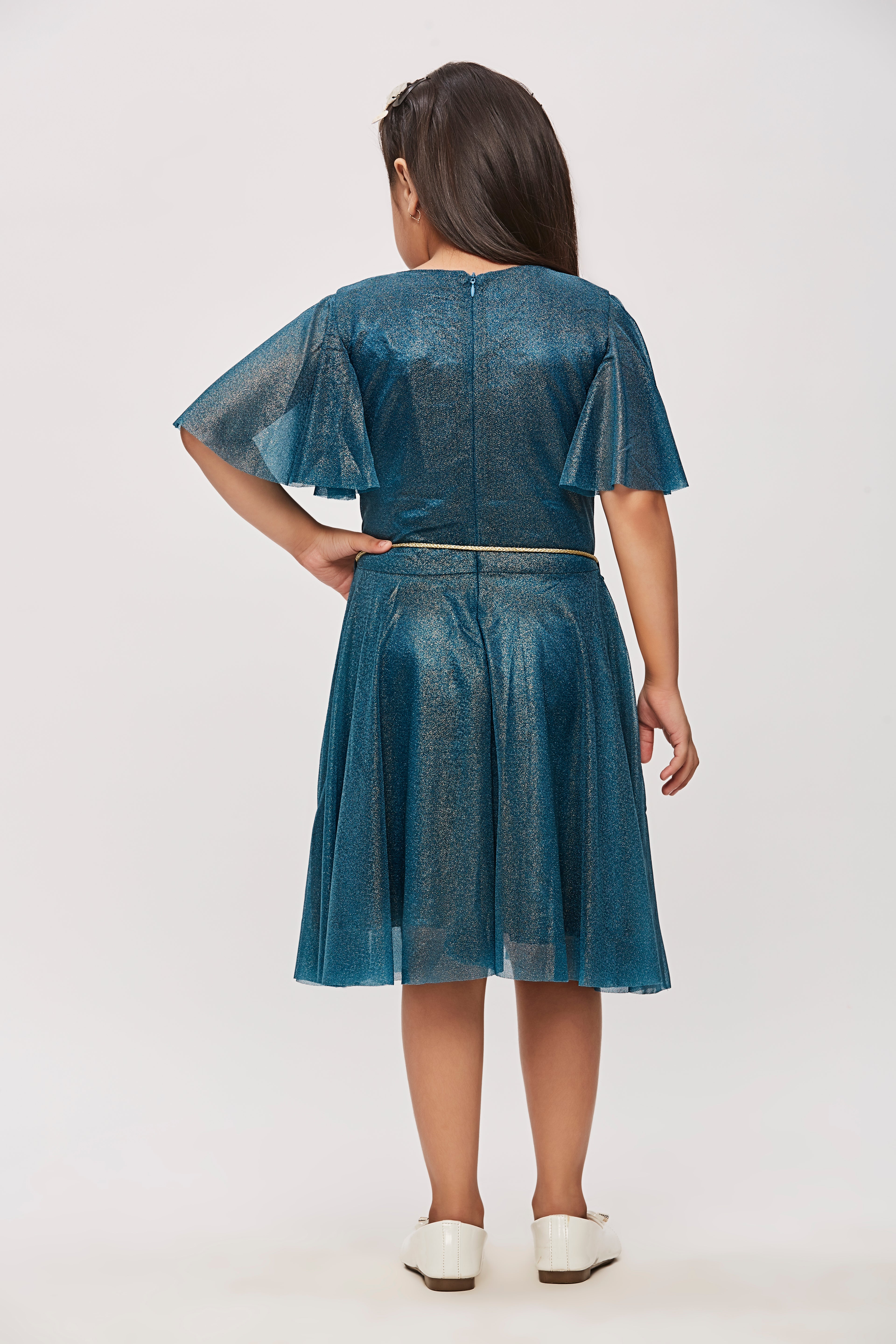 Peacock Green Shimmer Flutter Sleeve Dress M2015 - Image 2