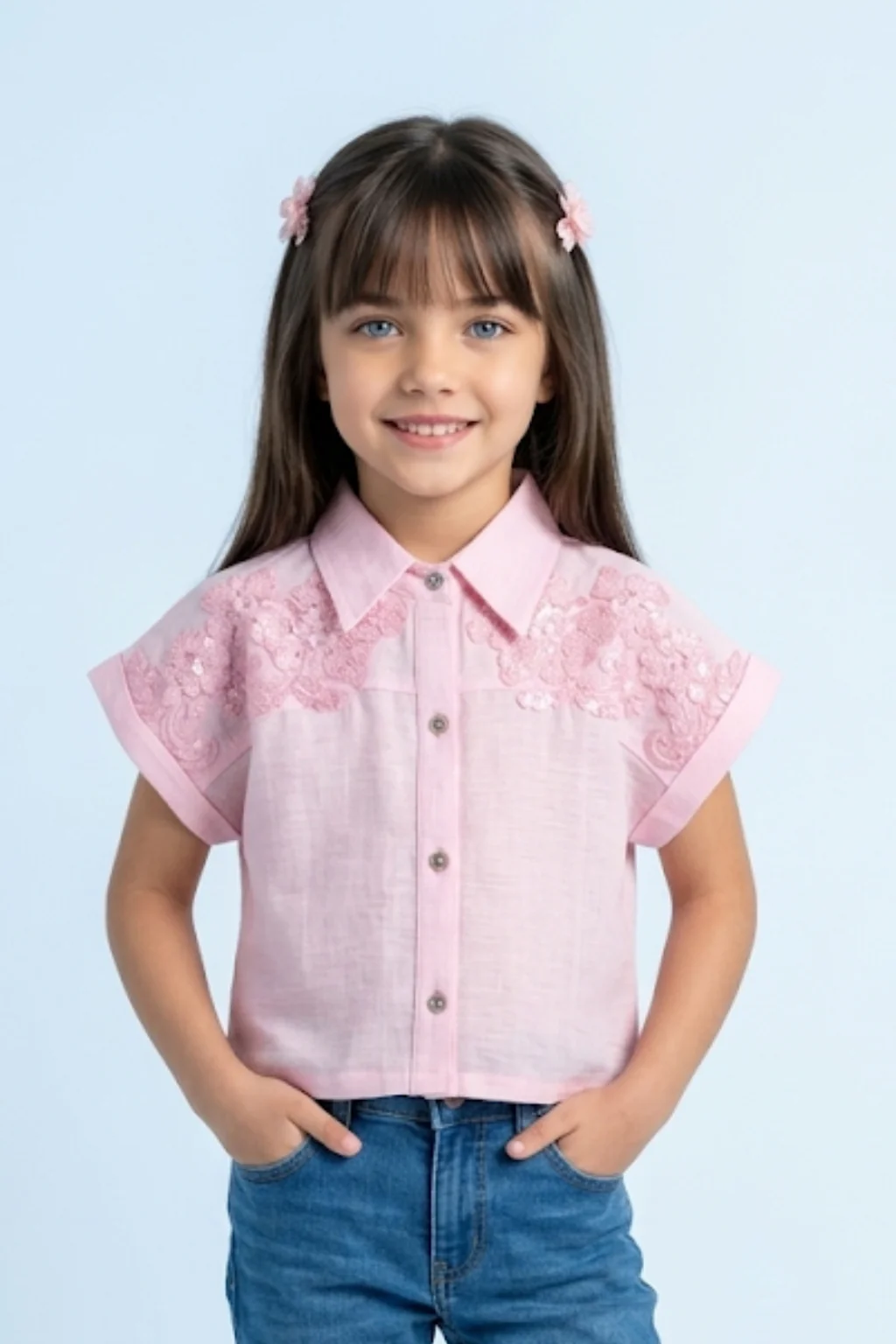 Pink Embroidered Lace Shoulder Shirt TG6522