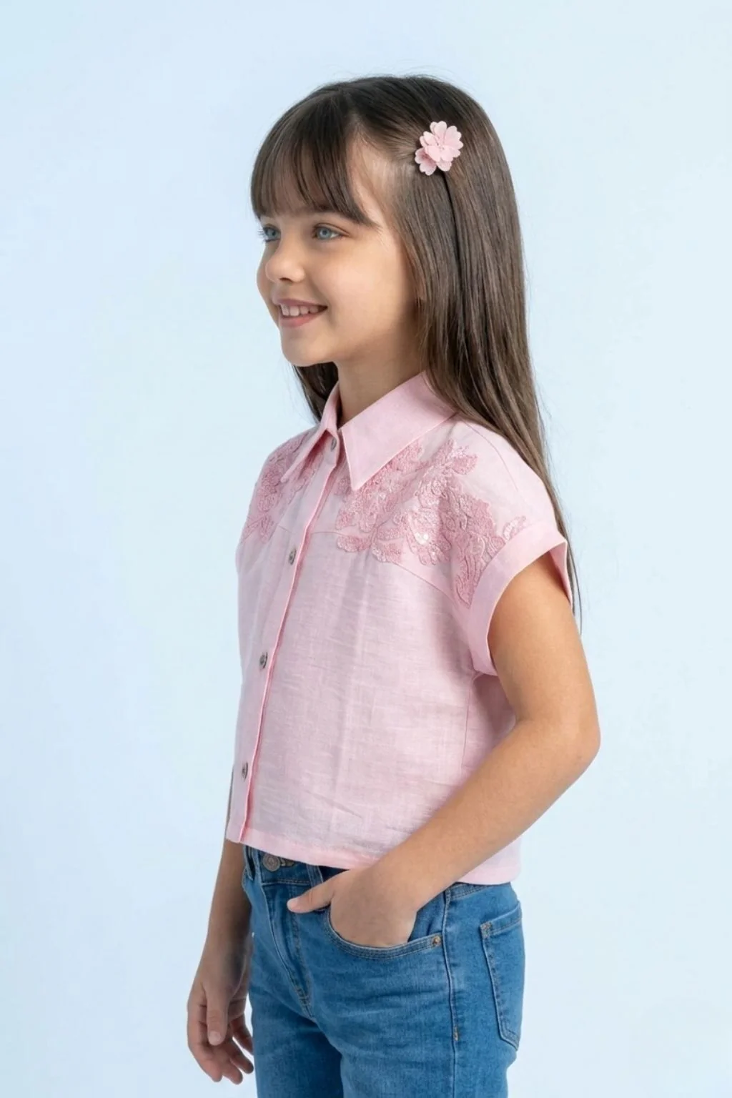 Pink Embroidered Lace Shoulder Shirt TG6522 - Image 3