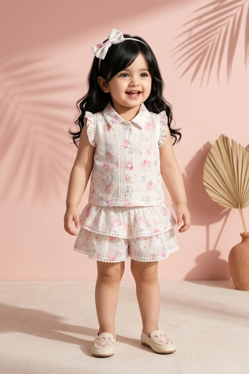 Pink Floral Lace Top & Tiered Skirt Set TSSET40501