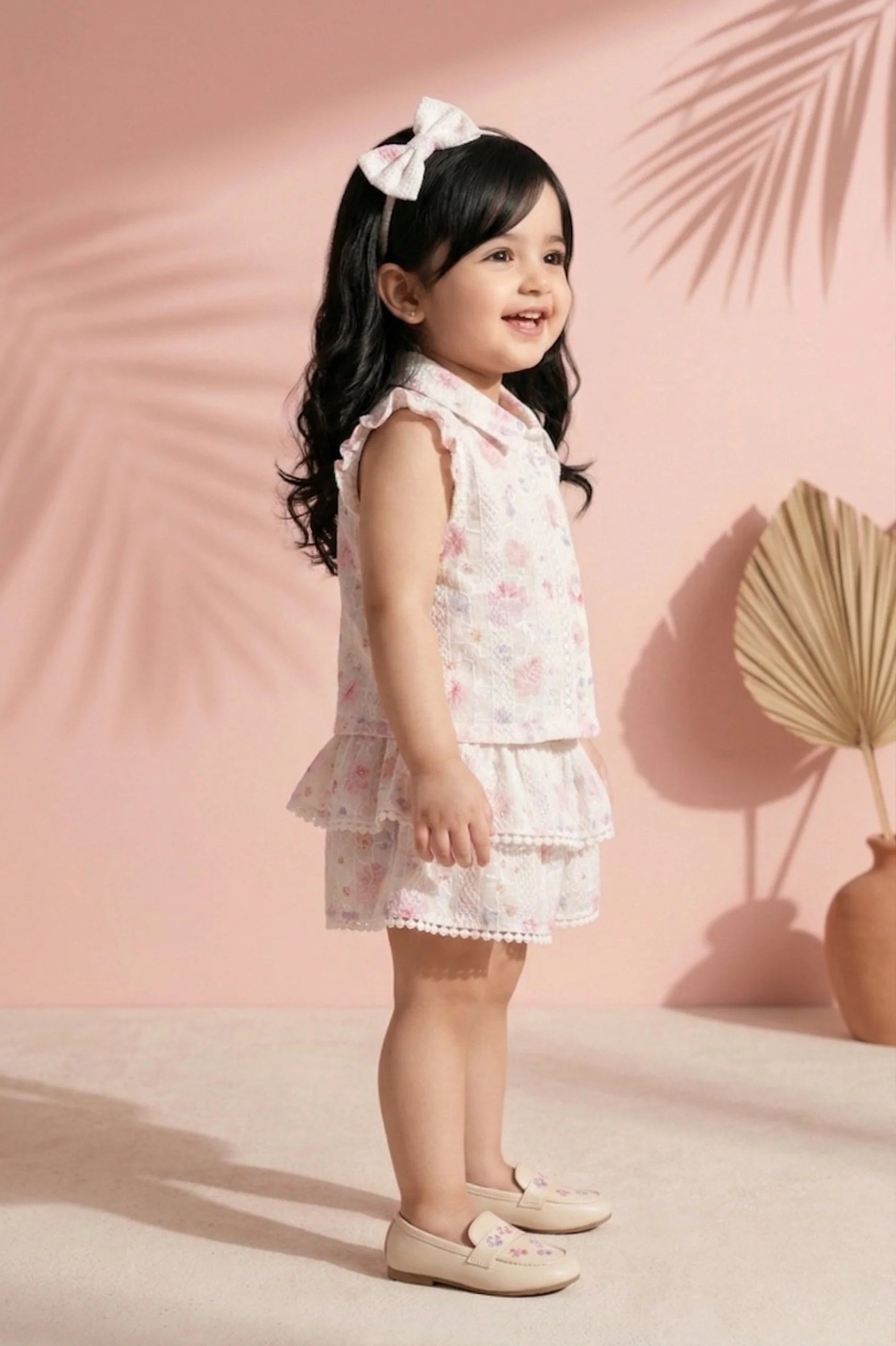 Pink Floral Lace Top & Tiered Skirt Set TSSET40501 - Image 3