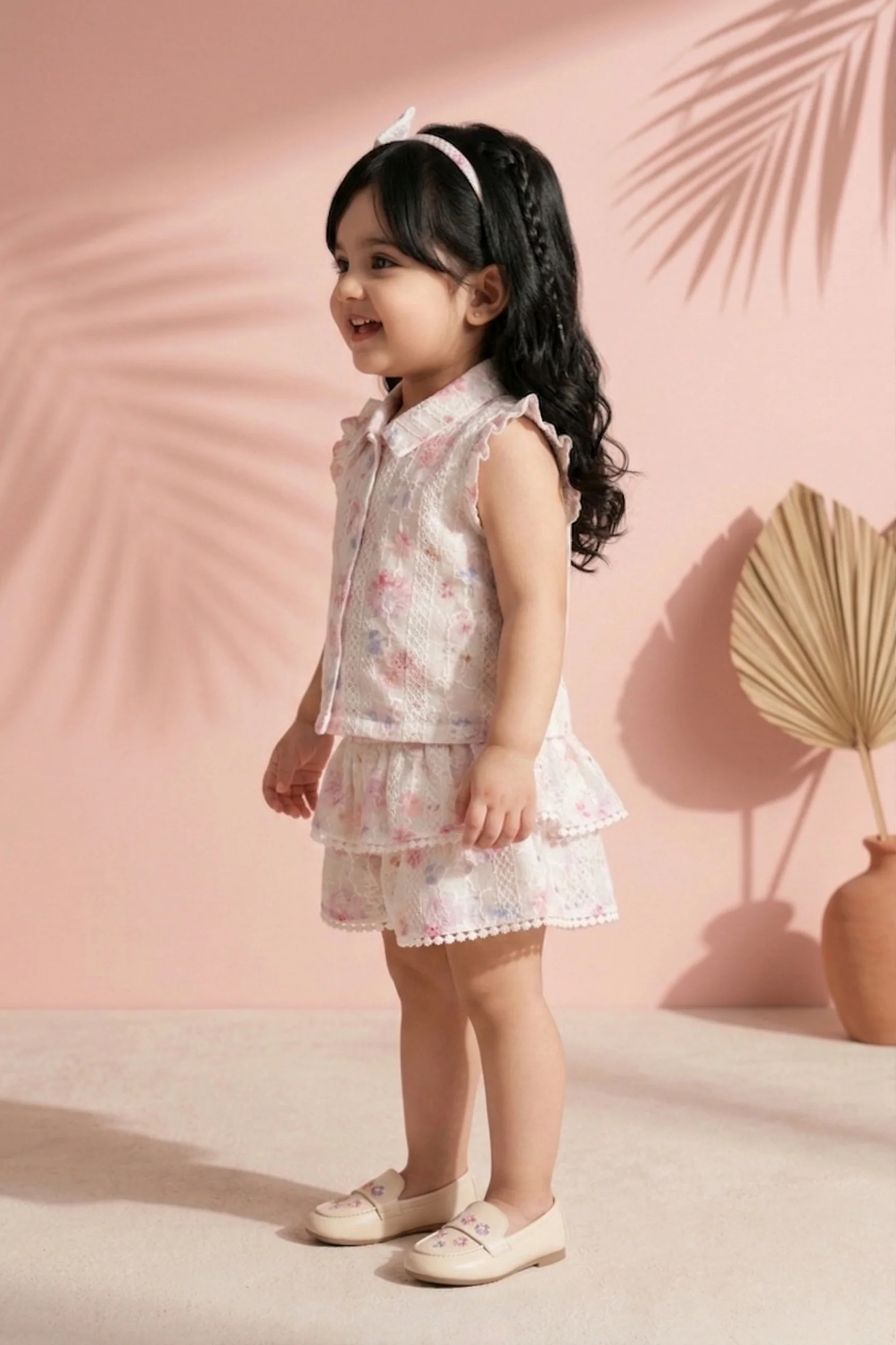 Pink Floral Lace Top & Tiered Skirt Set TSSET40501 - Image 4