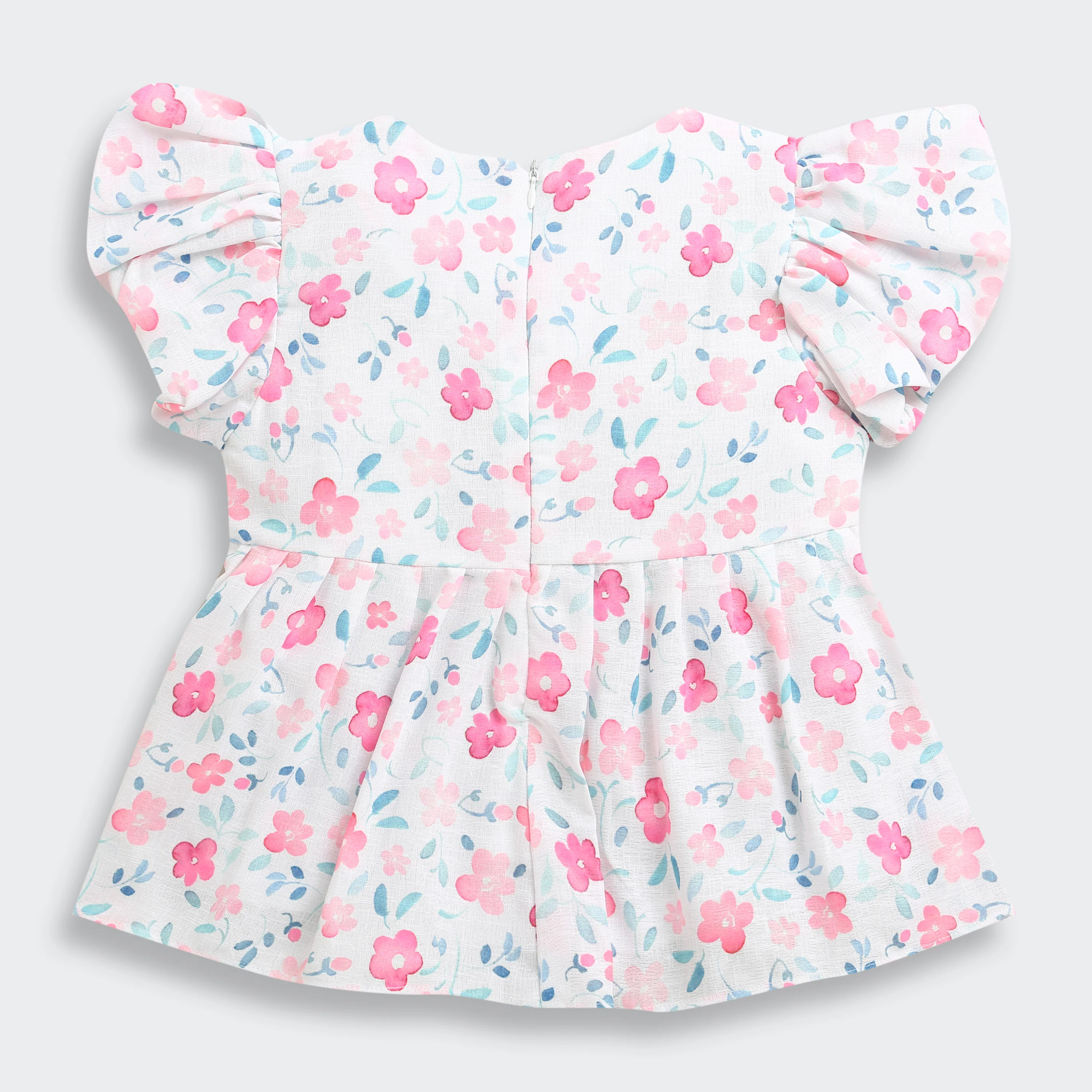 Pink Floral Printed Cotton Top with Puff Sleeves TG6380 - Image 6