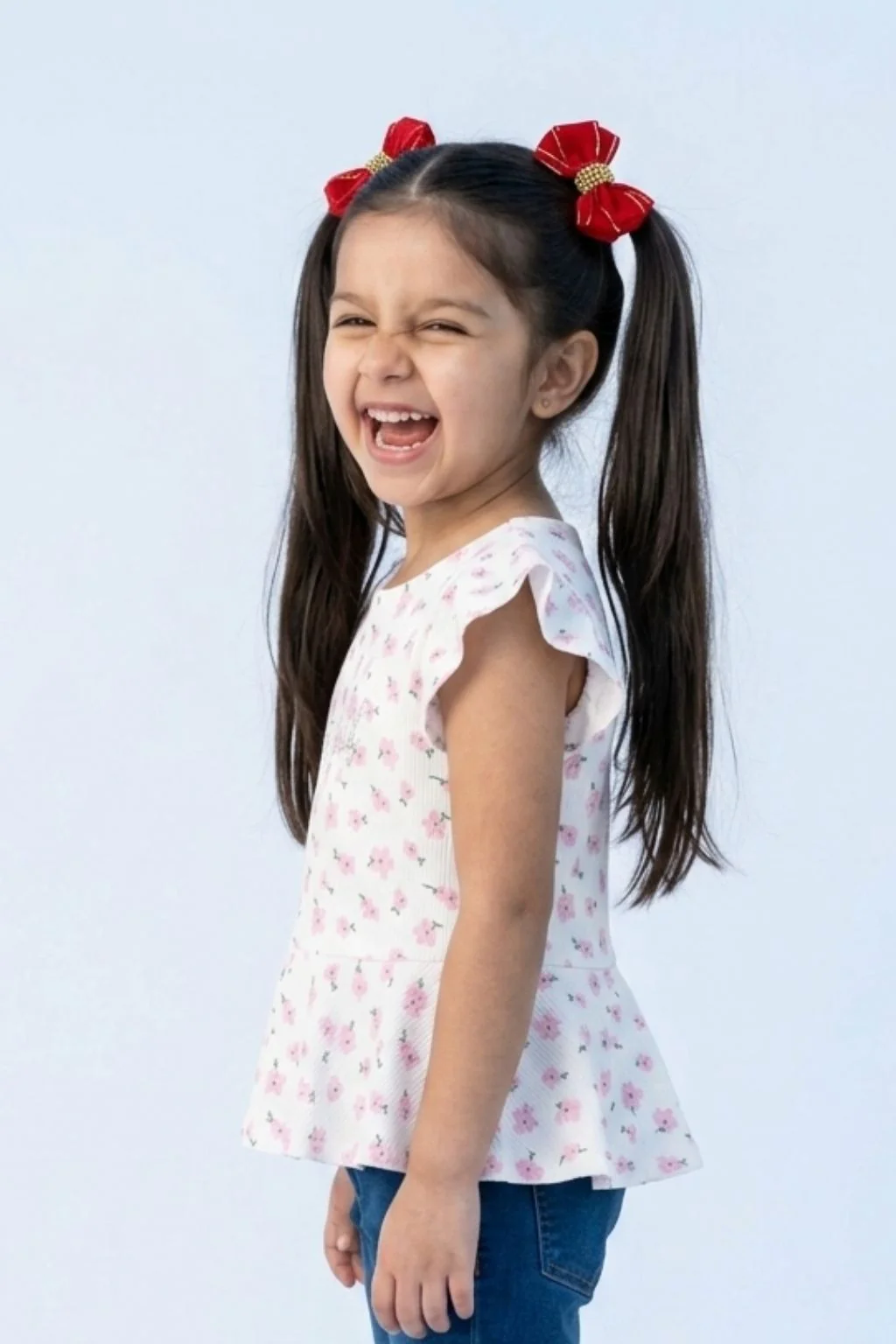 Pink Floral Printed Peplum Top with Ruffle Sleeves TG6358 - Image 3