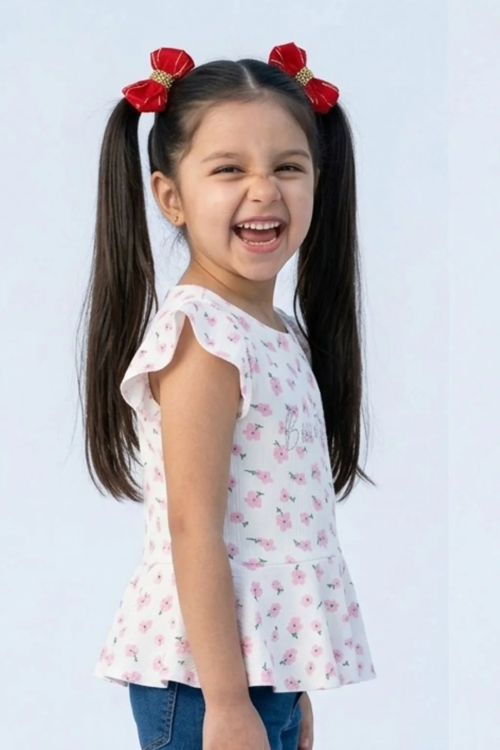Pink Floral Printed Peplum Top with Ruffle Sleeves TG6358 - Image 4