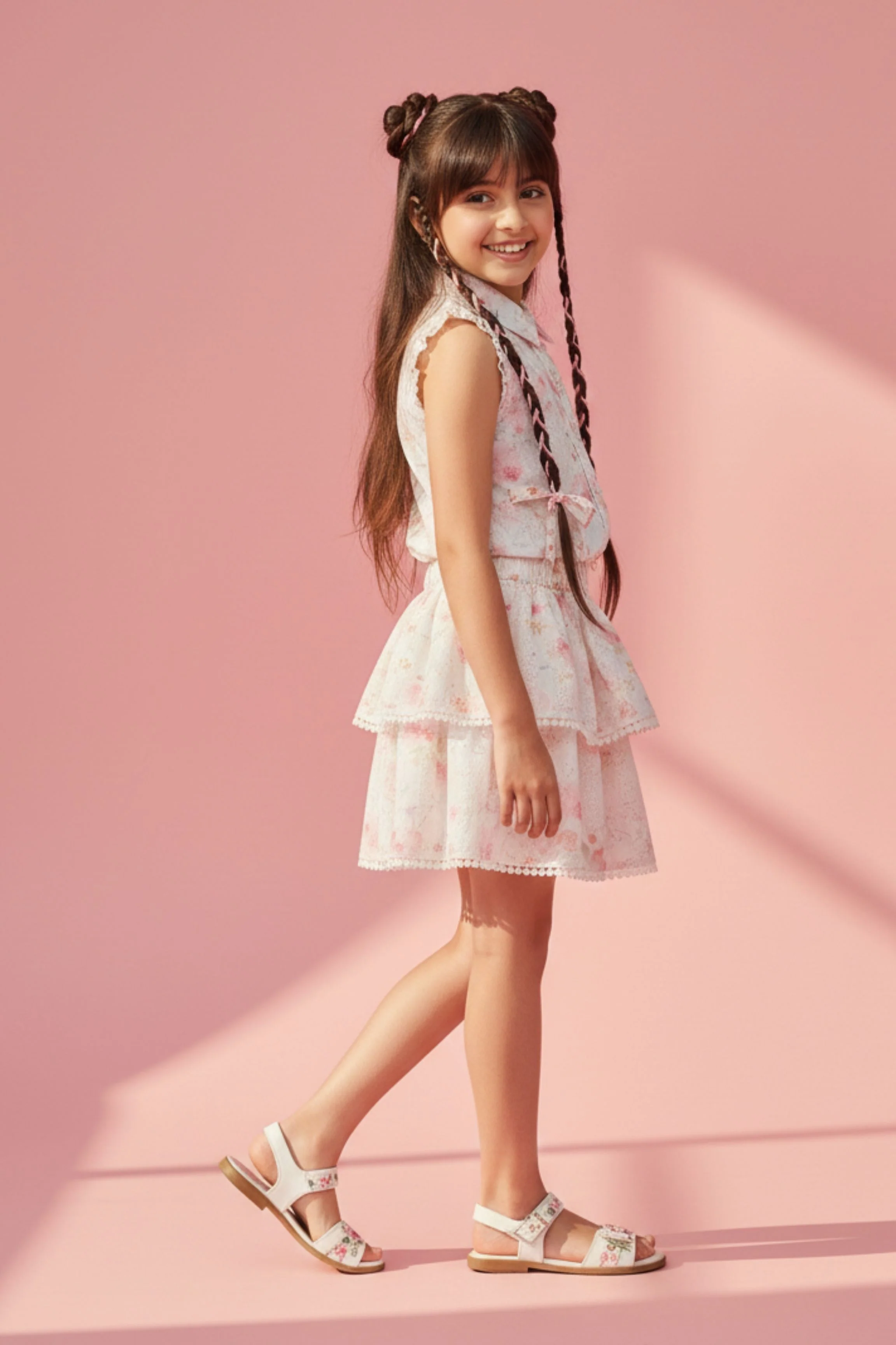 Pink Floral Sleeveless Co-Ord Set with Tiered Skirt SET3114 - Image 2