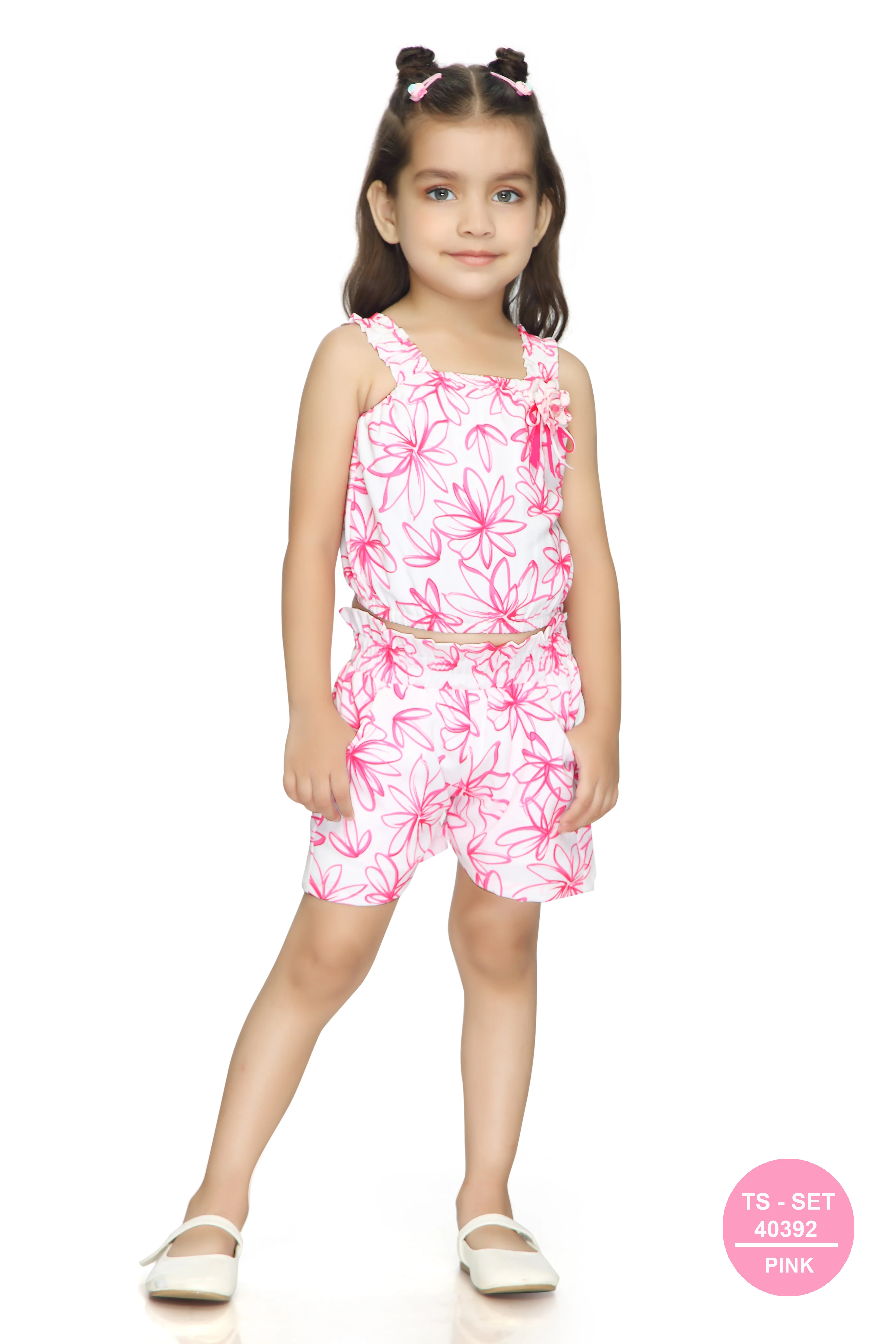 Pink Floral Sleeveless Top & Shorts Set TSSET40392 - Image 5