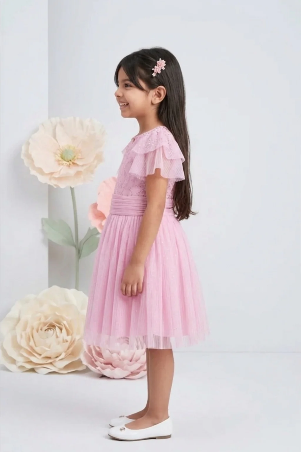 Pink Half Sleeves Glitter Star Print Midi Dress M2014 - Image 3