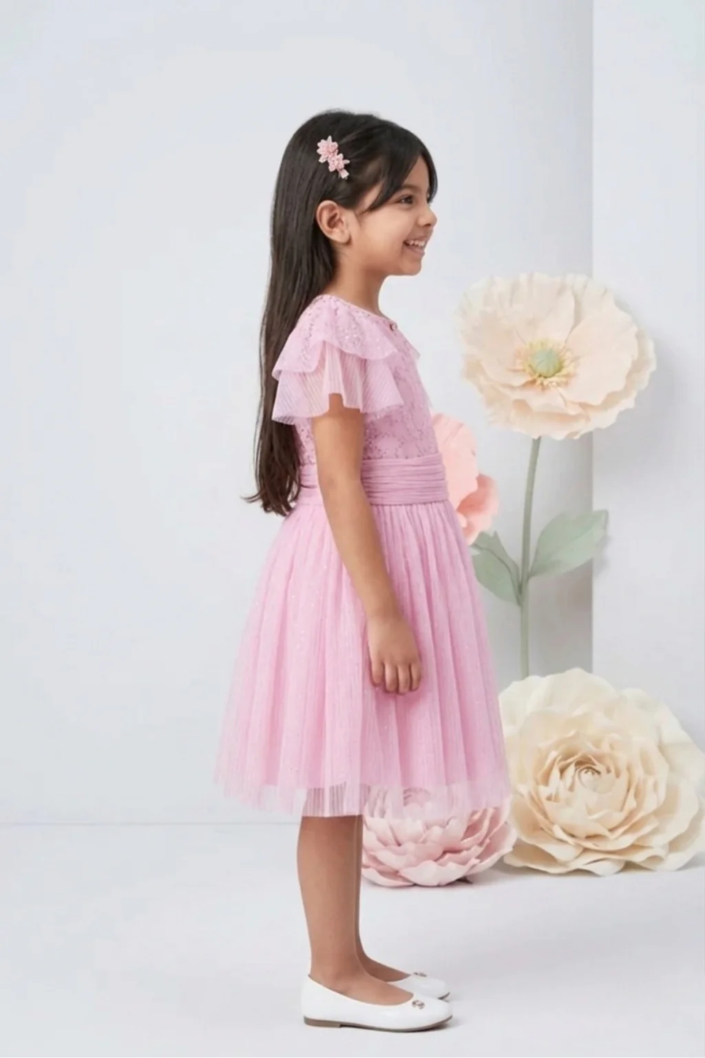 Pink Half Sleeves Glitter Star Print Midi Dress M2014 - Image 4