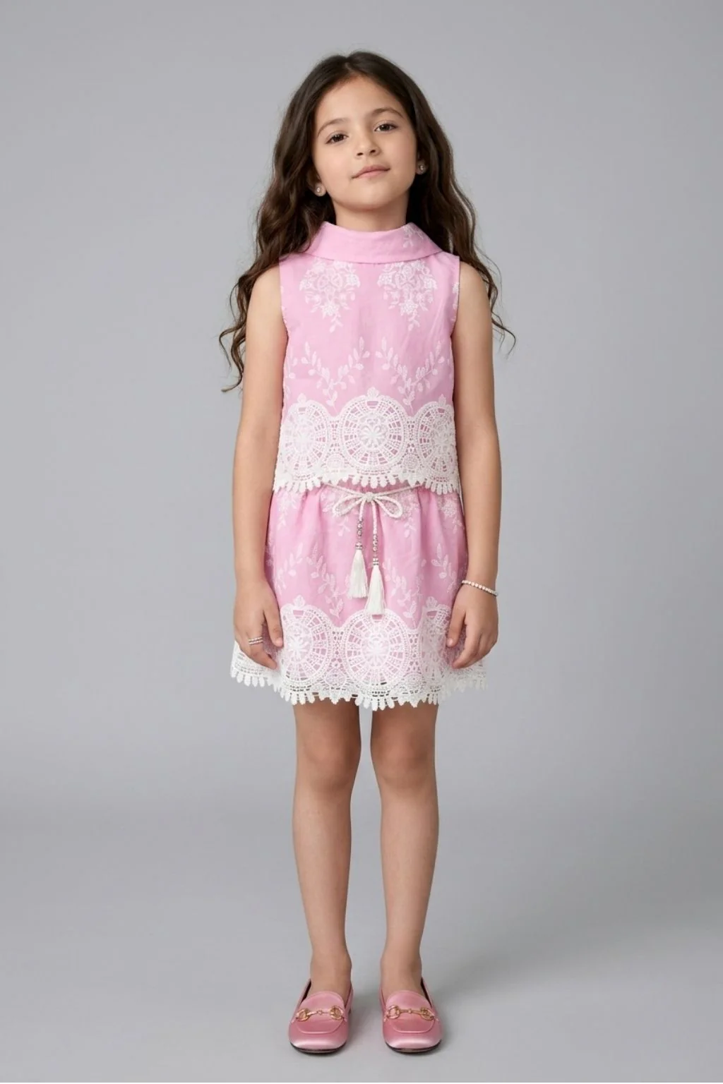Pink Lace Embroidered Sleeveless Dress SET3265