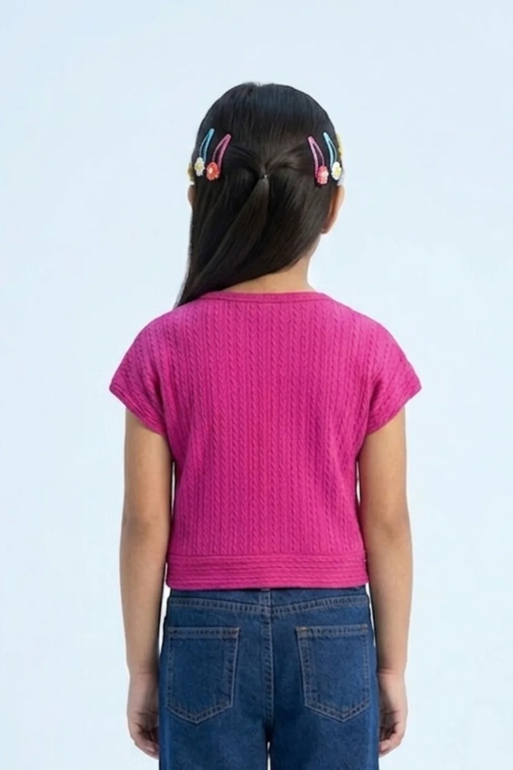 Pink Ribbed Cotton T-Shirt with Floral Button Detail TG6201 - Image 2