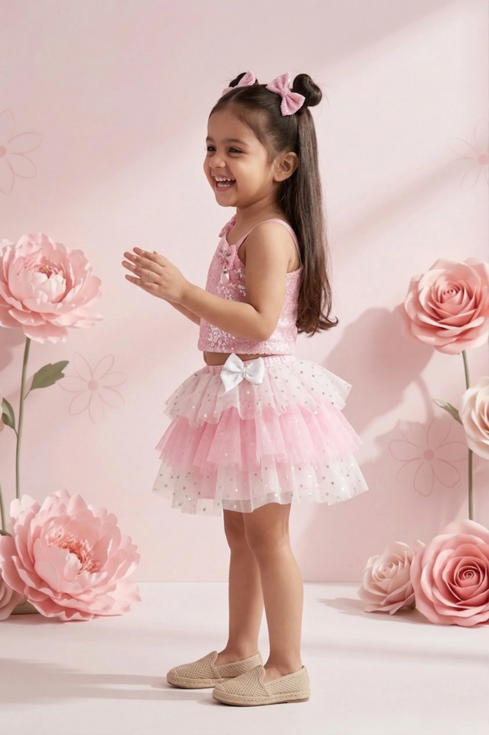 Pink Sequin Bodice Tulle Party Top & Skirt Set TSSET40229 - Image 4