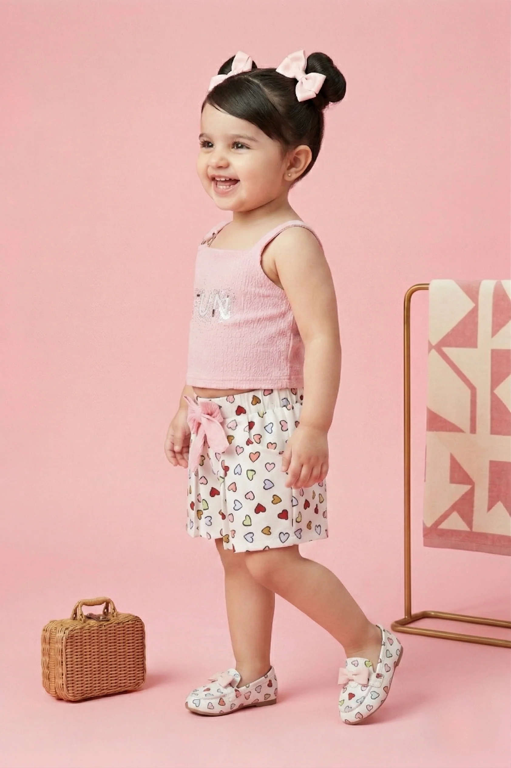 Pink “FUN” Top & Heart Print Shorts Set TSSET40249 - Image 4