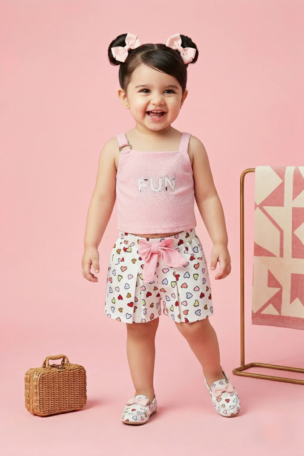 Pink “FUN” Top & Heart Print Shorts Set TSSET40249 - Image 5