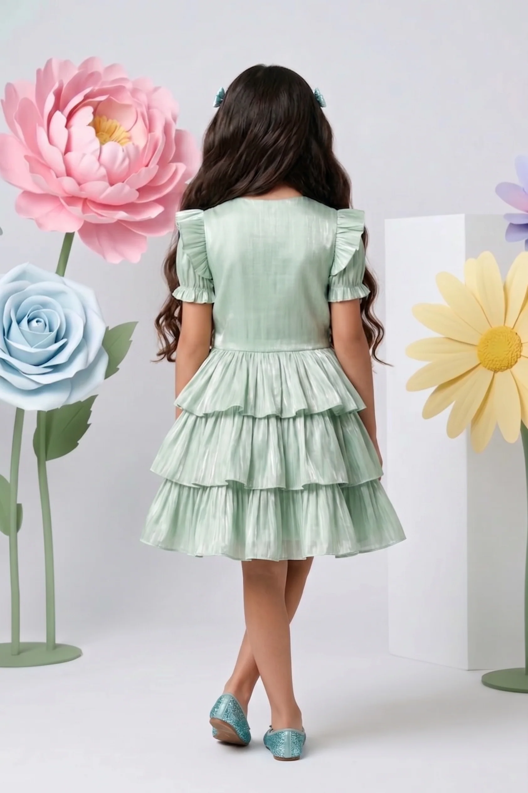 Pista Green Layered Party Dress with Bow F579 - Image 2