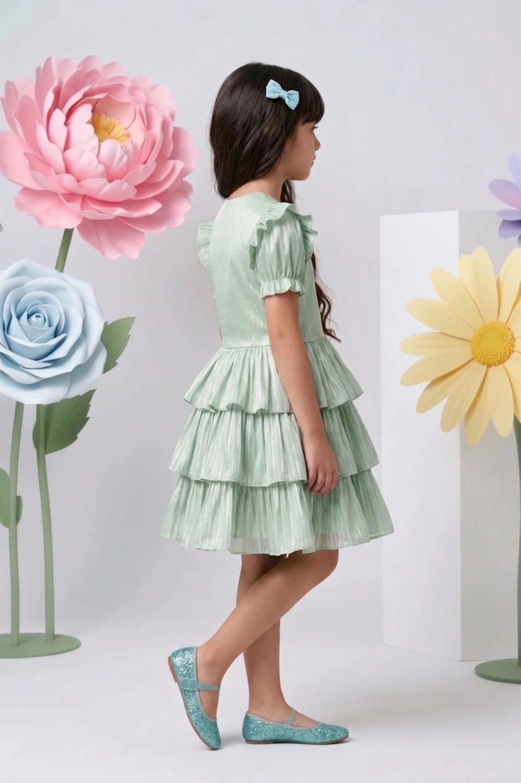Pista Green Layered Party Dress with Bow F579 - Image 4
