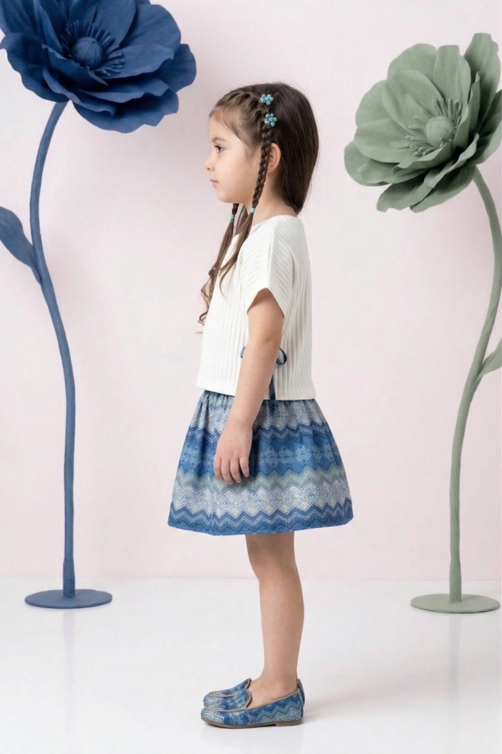 Pleated White Top & Blue Printed Skirt Set TSSET40346 - Image 3