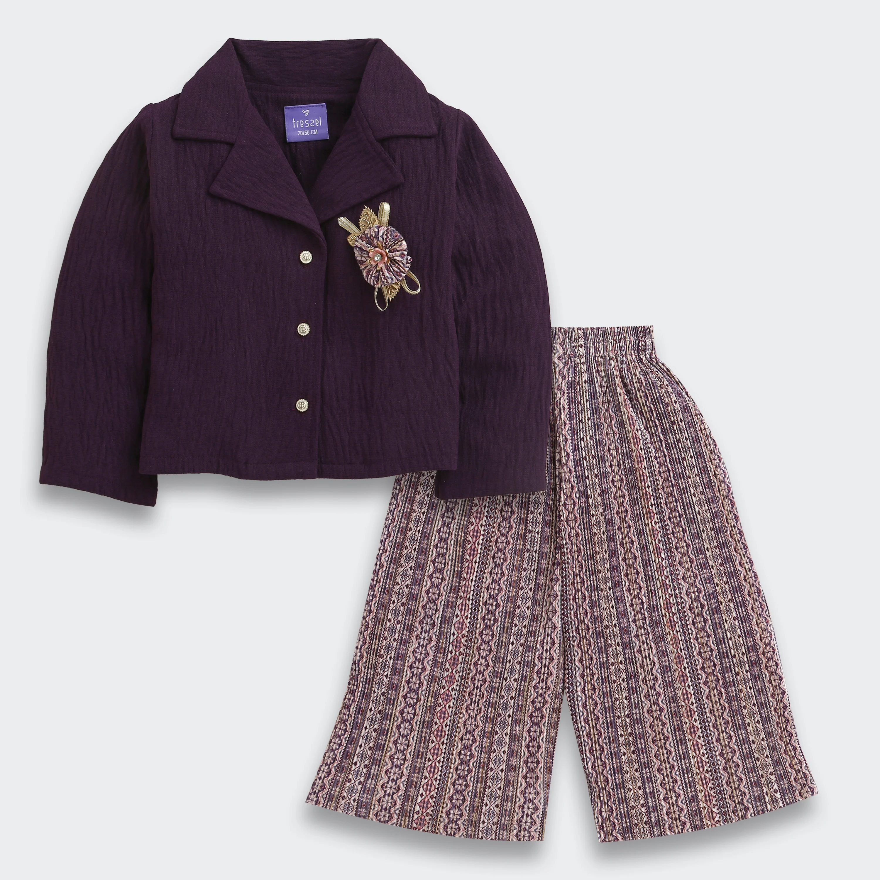Plum Jacket & Printed Wide-Leg Pants Set TSSET40577 - Image 4