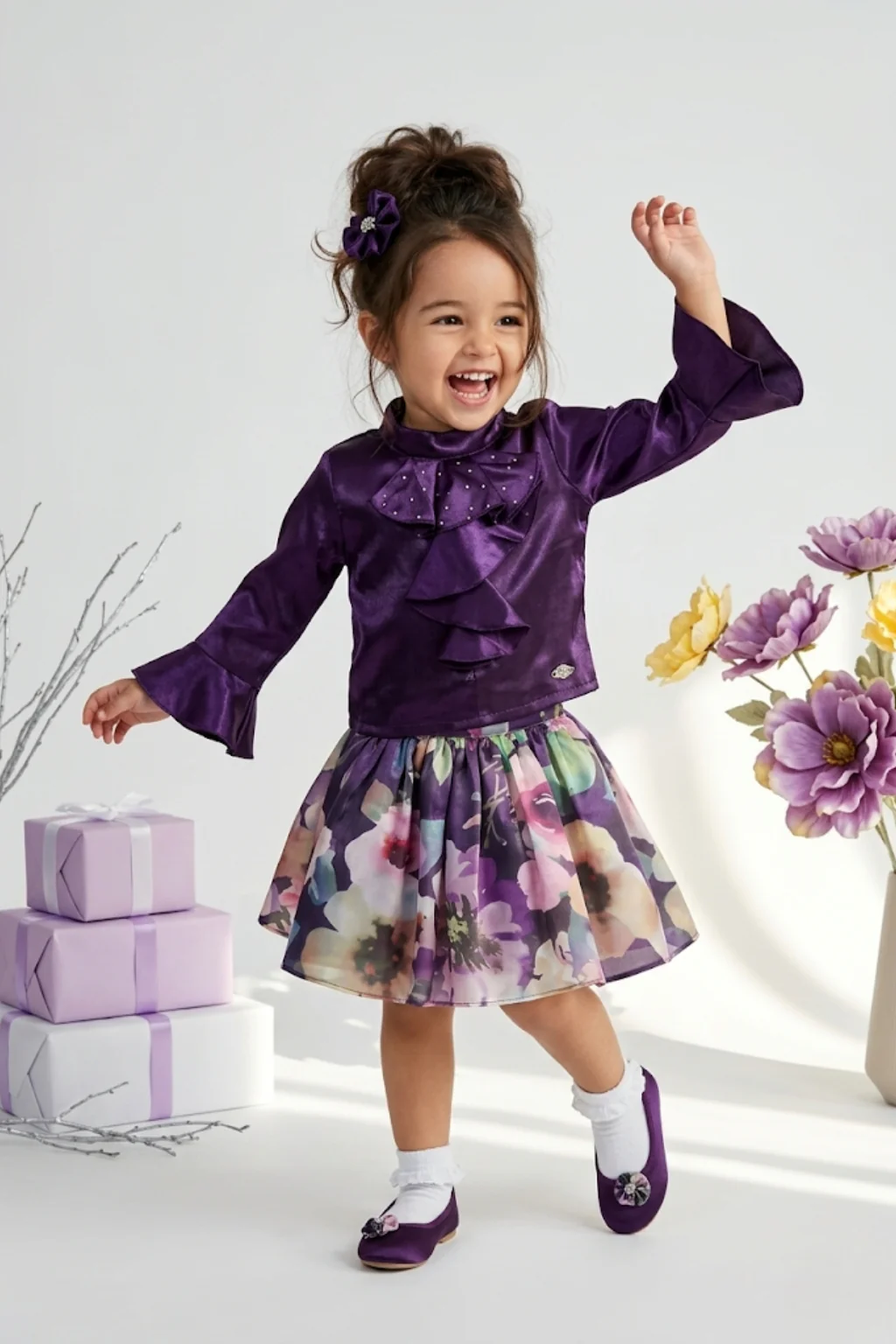 Plum Ruffle Top & Floral Skirt Set TSSET40535