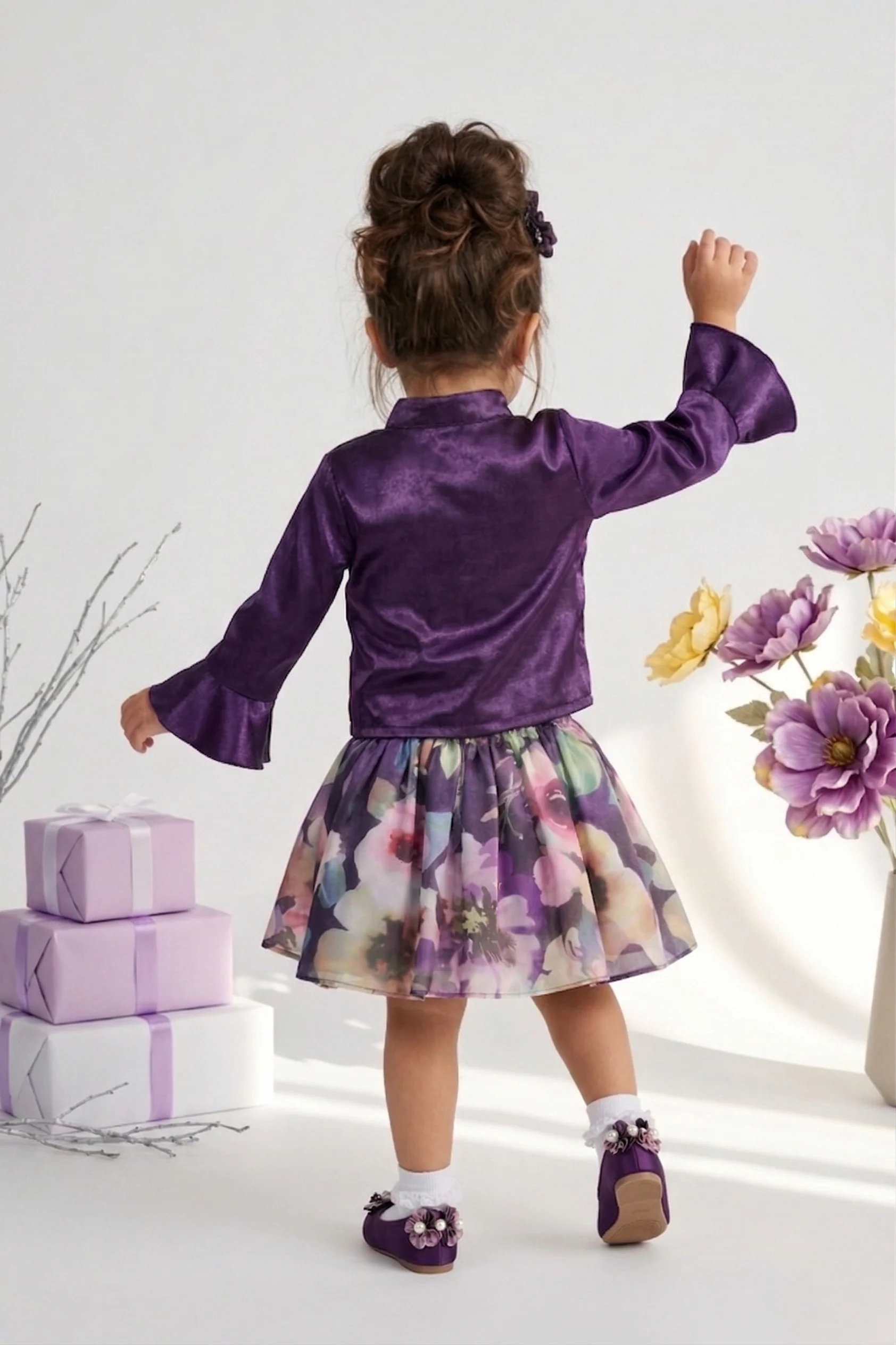 Plum Ruffle Top & Floral Skirt Set TSSET40535 - Image 2