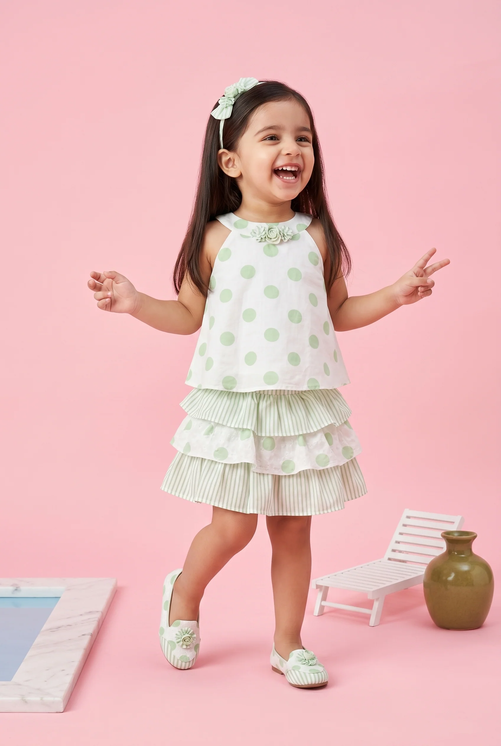 Green Polka Dot Layered Dress TSSET40255