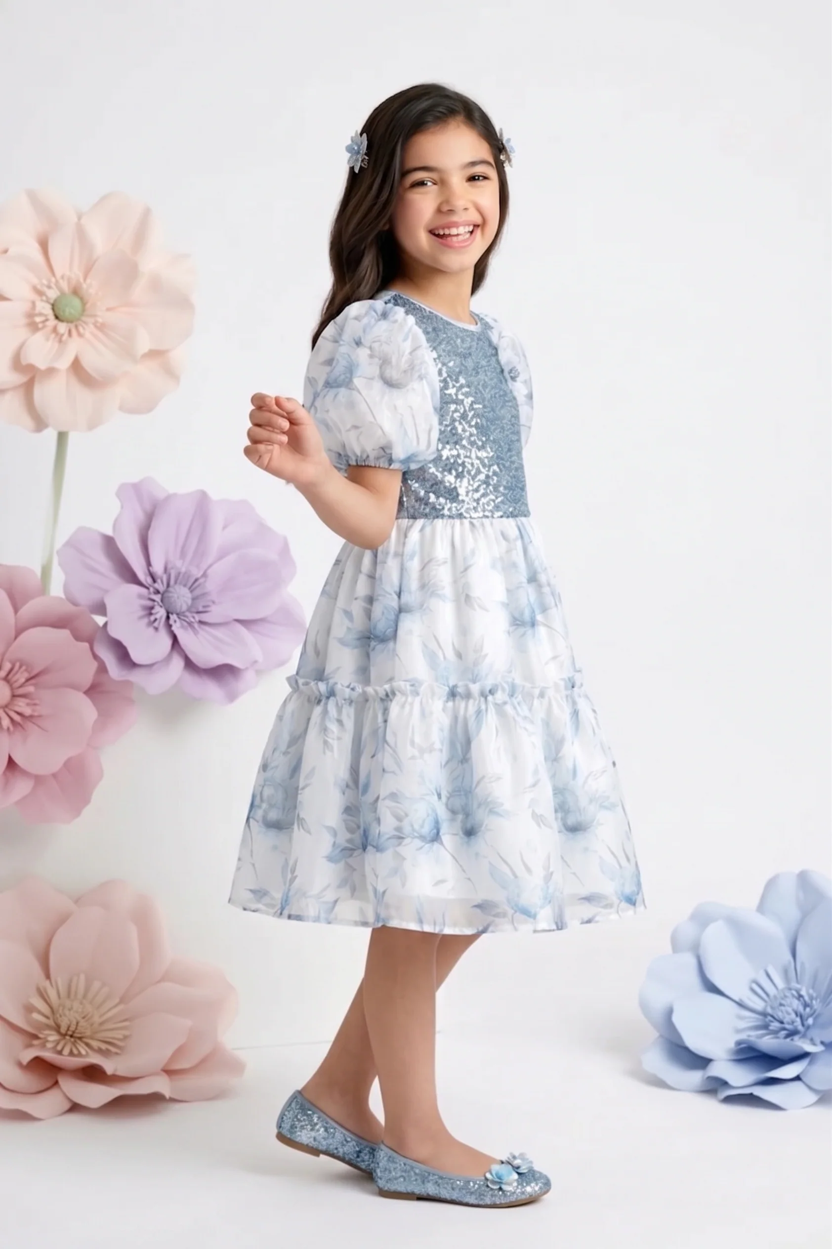 Powder Blue Floral Party Dress with Sequin Bodice & Puff Sleeves F650 - Image 3