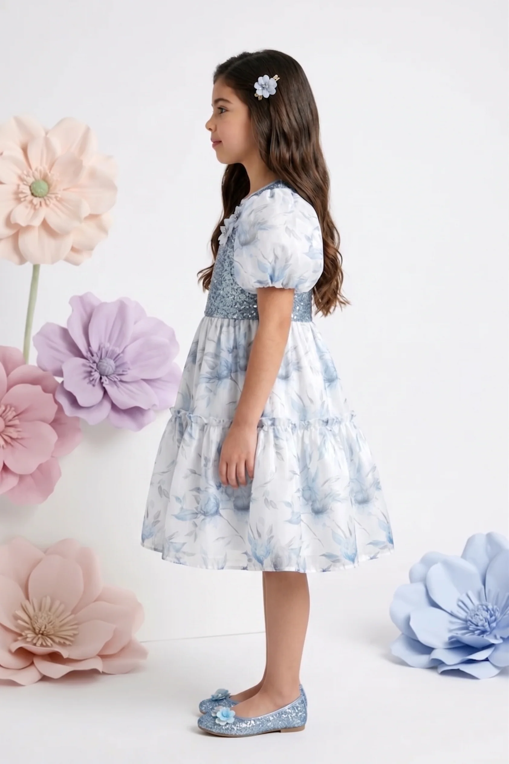 Powder Blue Floral Party Dress with Sequin Bodice & Puff Sleeves F650 - Image 4