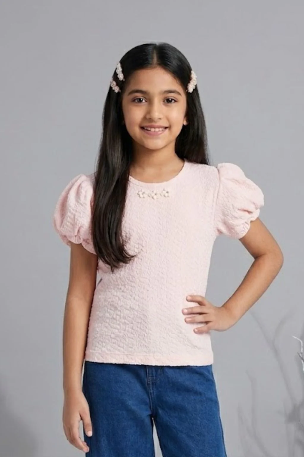 Puff Sleeve Soft Pink Textured Top TG5027