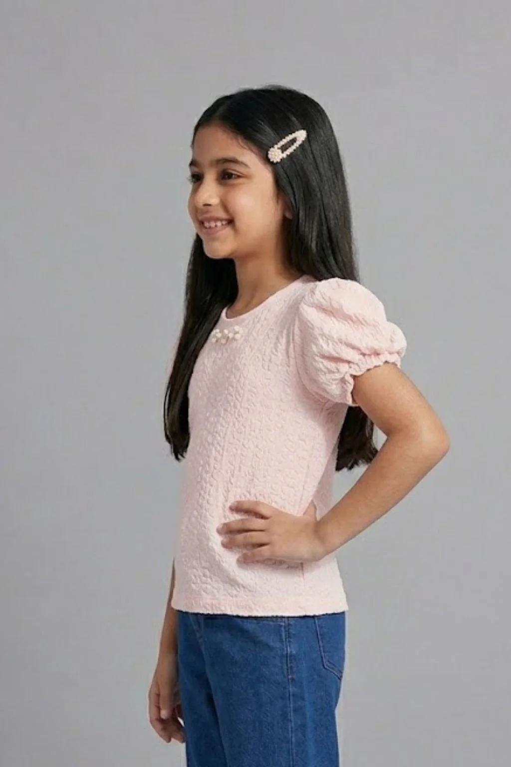 Puff Sleeve Soft Pink Textured Top TG5027 - Image 3