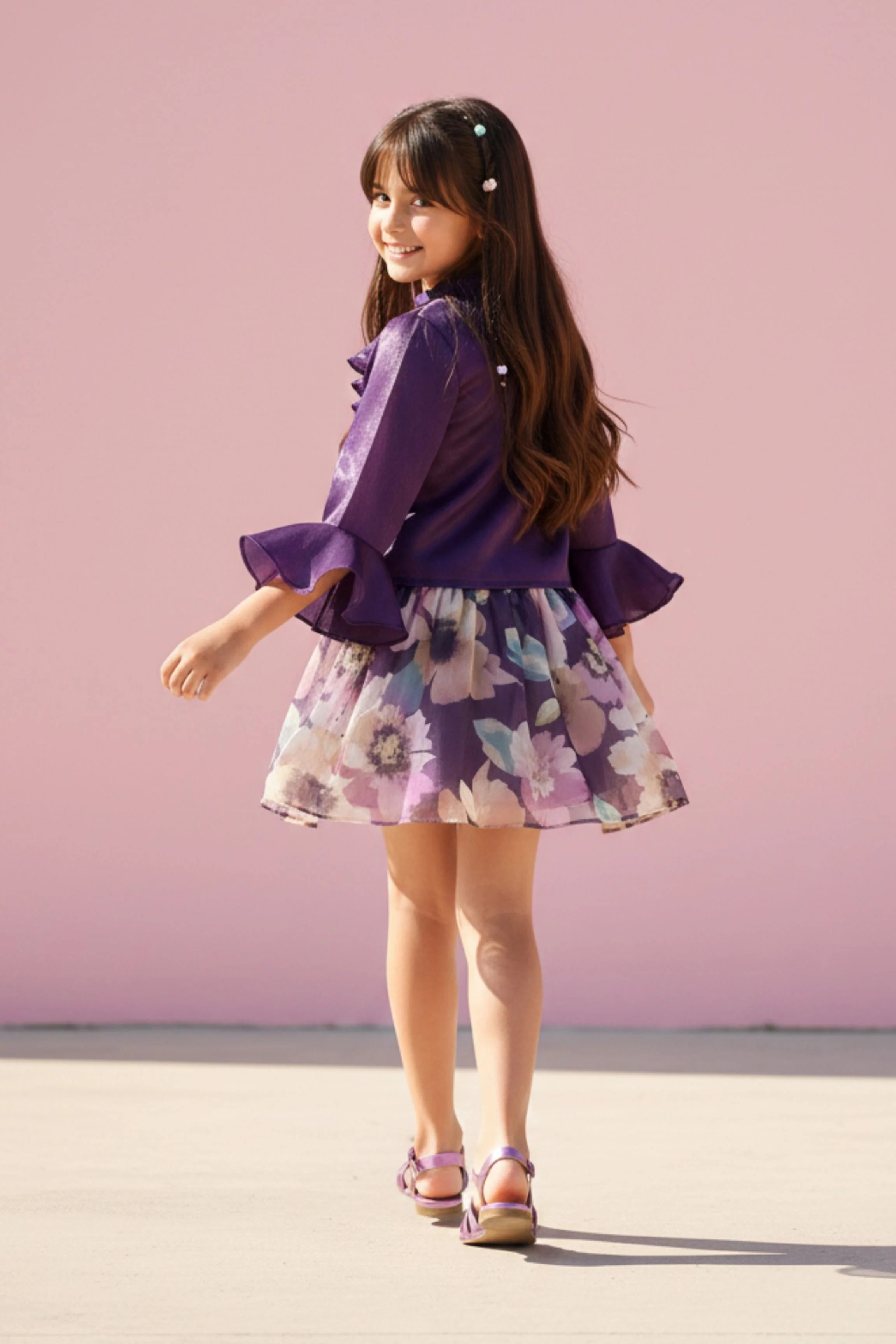 Purple Floral Co-Ord Set with Ruffle Top & Printed Skirt SET3224 - Image 2