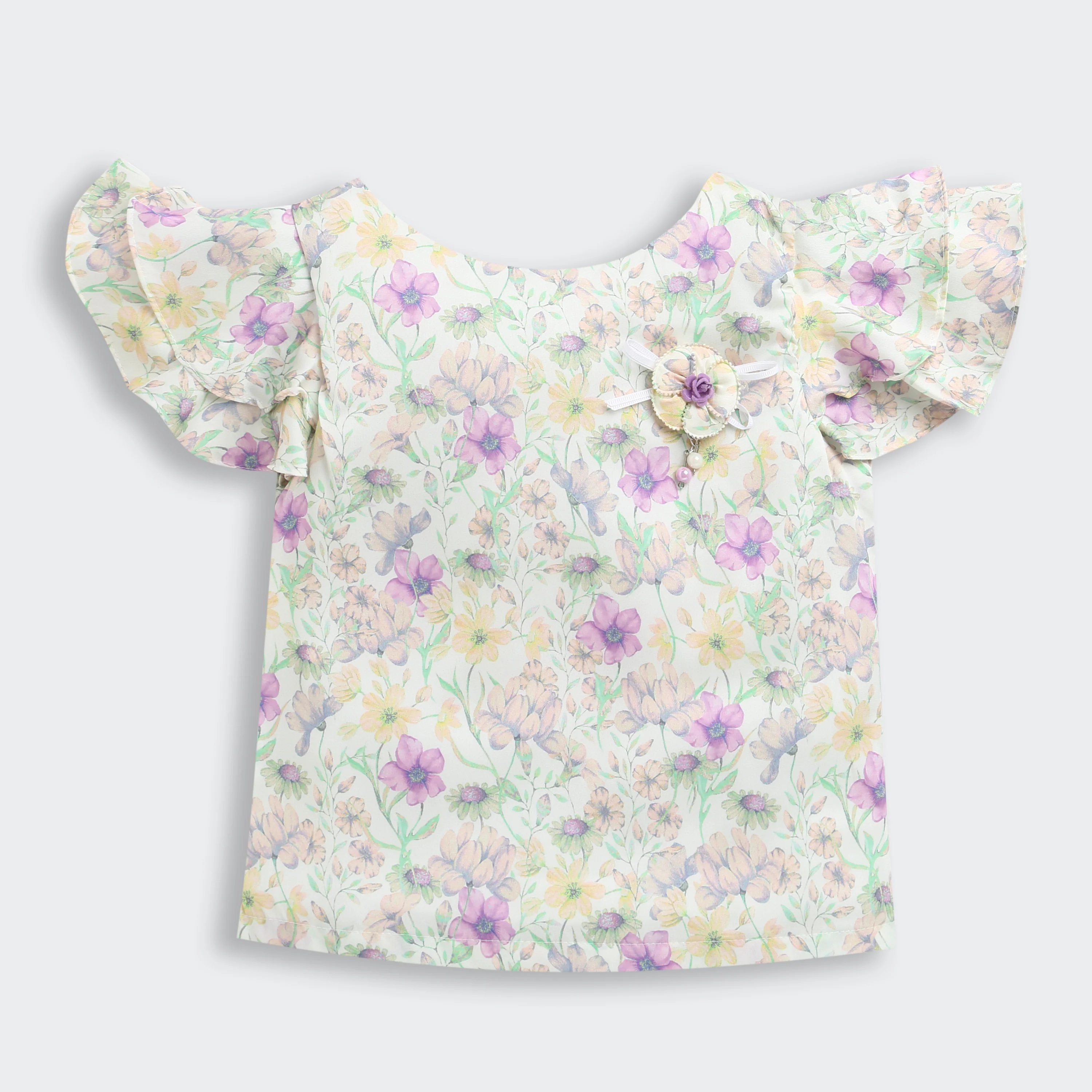 Ruffled Sleeves Green Floral Printed Top TG6390 - Image 5
