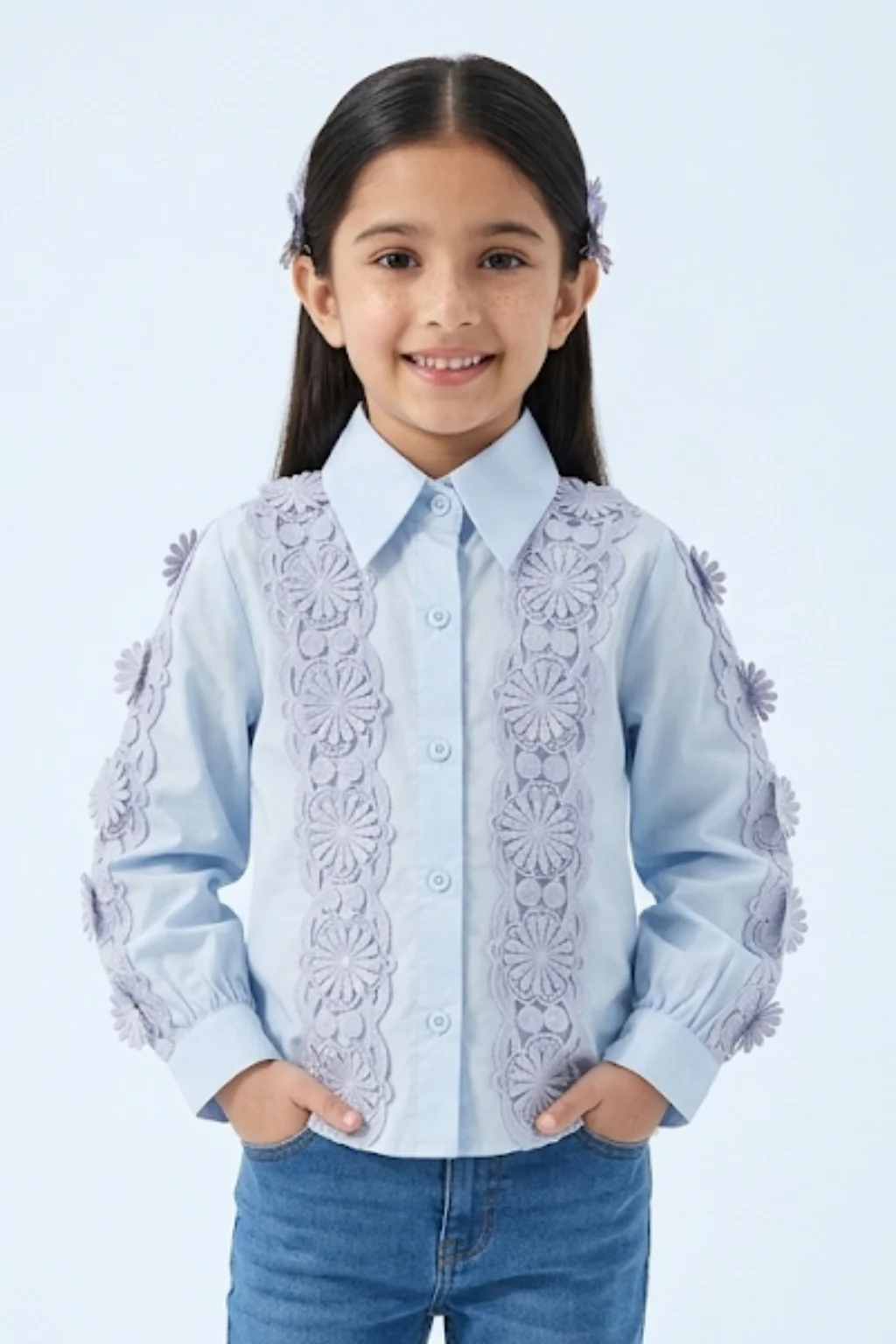 Sky Blue Floral Lace Panel Shirt TG6500