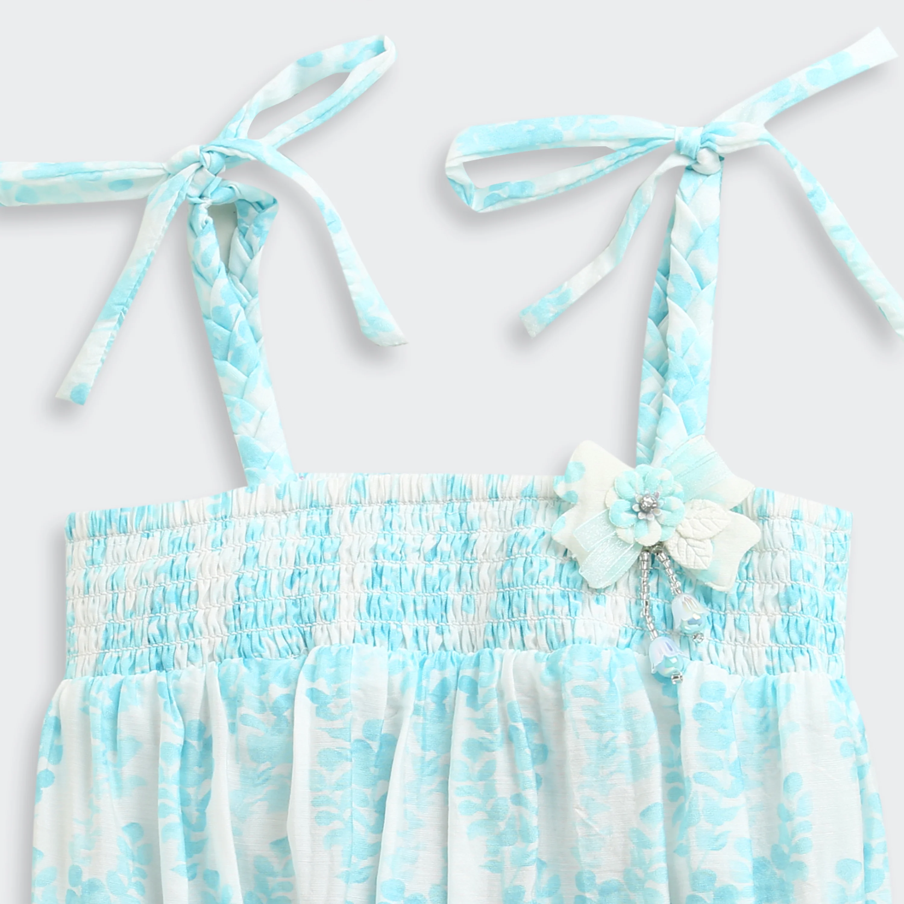 Sky Blue Floral Smocked Tie-Up Top with Shoulder Bows TG6376 - Image 7