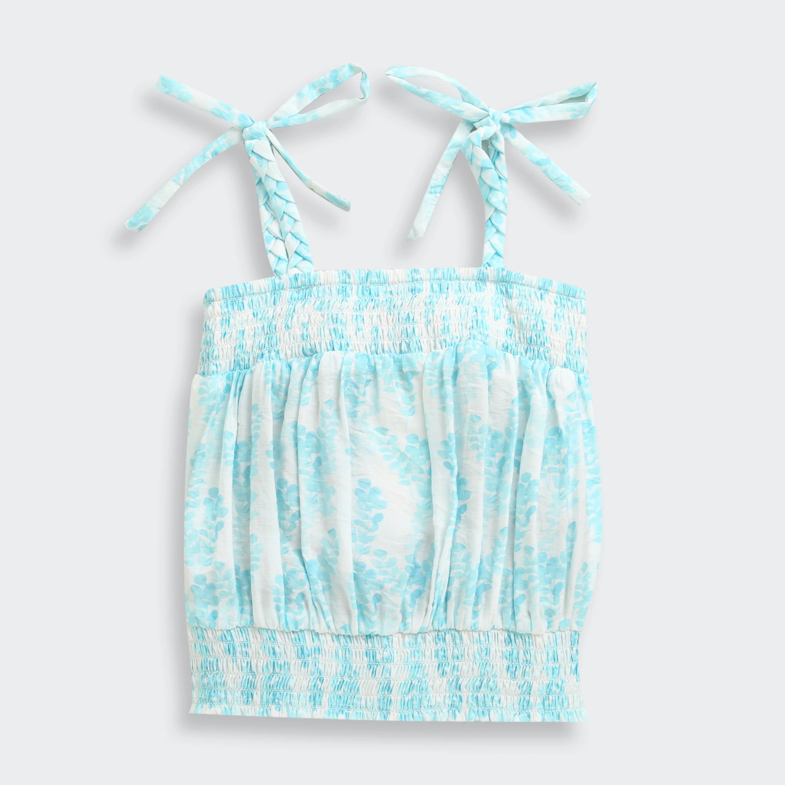 Sky Blue Floral Smocked Tie-Up Top with Shoulder Bows TG6376 - Image 8