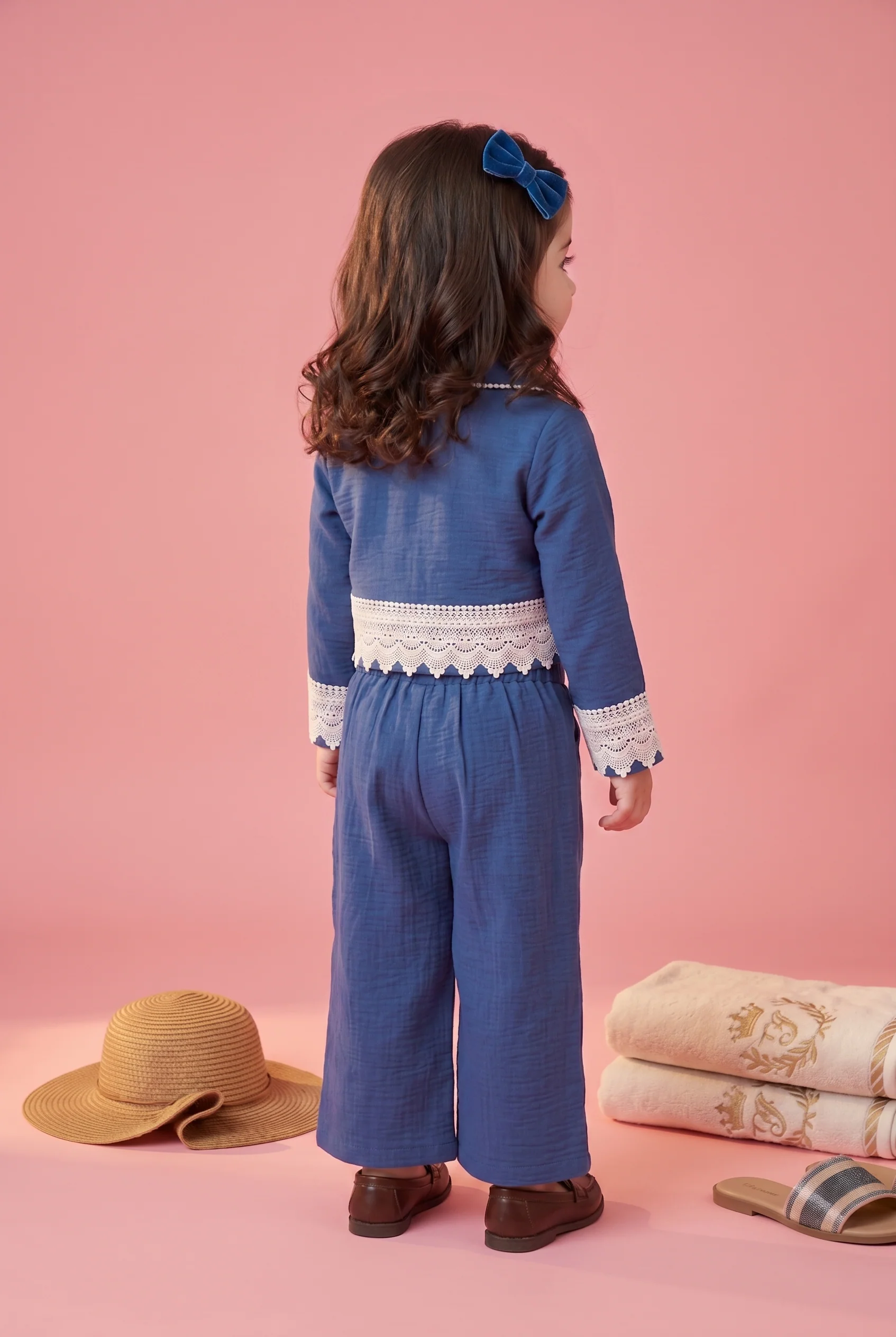 Sky Blue Lace Detail Jacket & Wide-Leg Pants Set TSSET40567 - Image 2