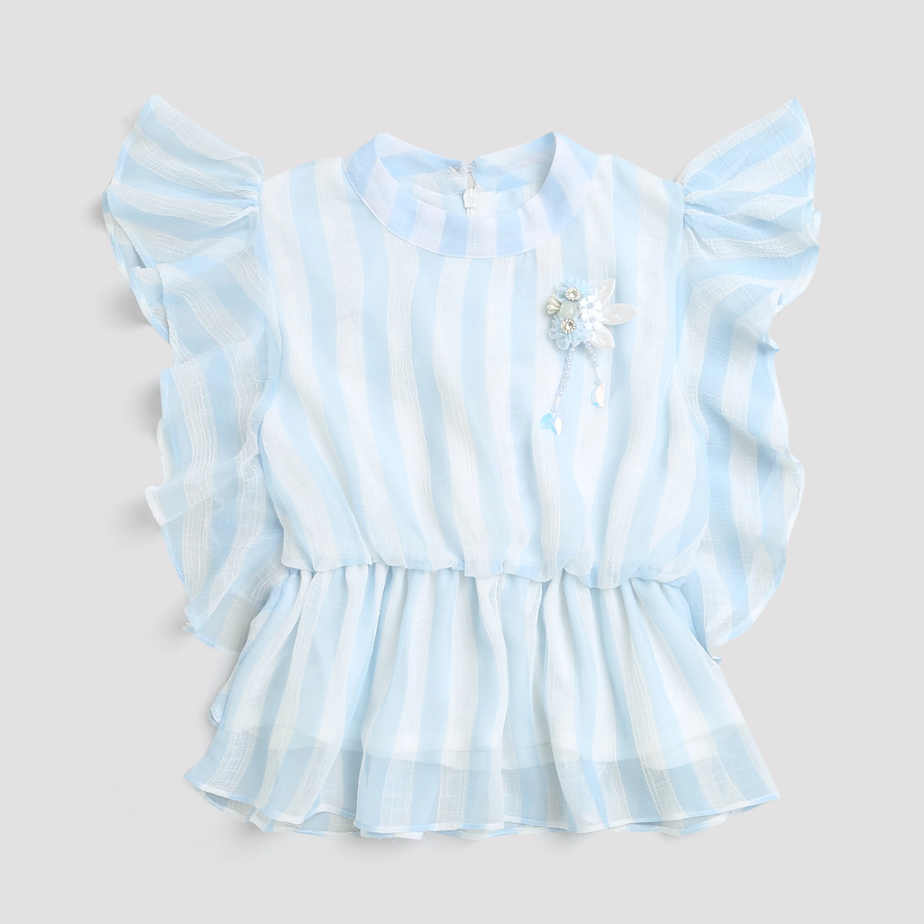 Sky Blue Striped Ruffle Sleeve Top TG5058 - Image 5
