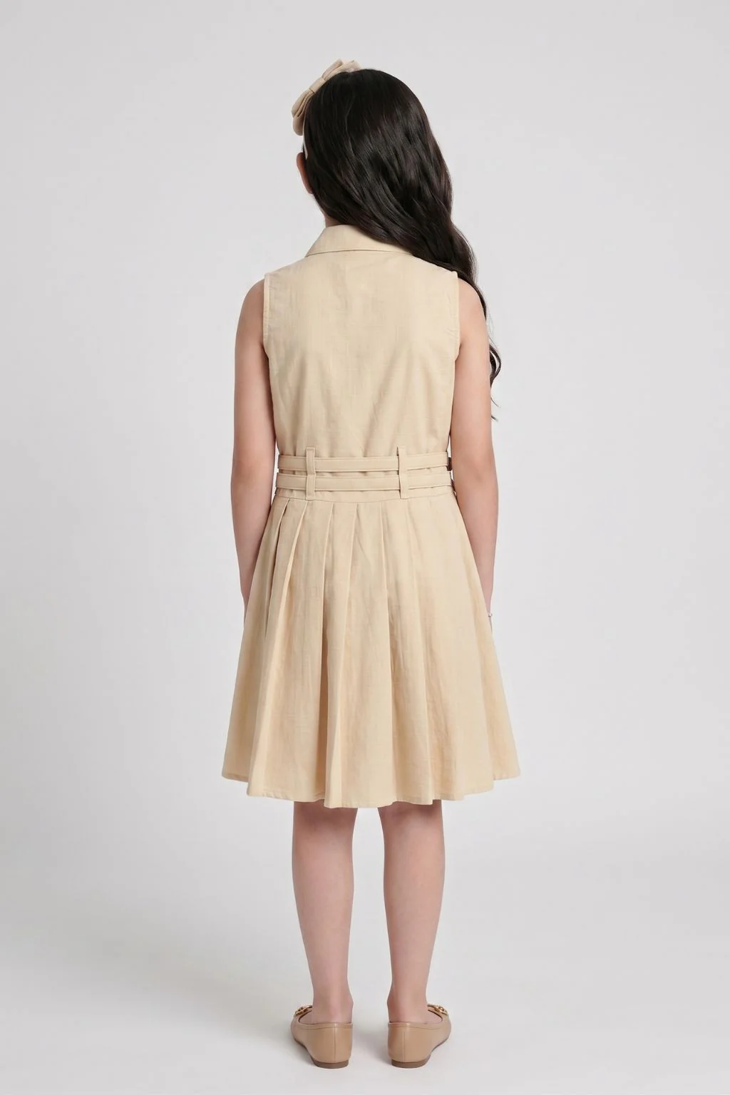 Barbie Beige Sleeveless Belted Pleated Dress BAM1273 - Image 2