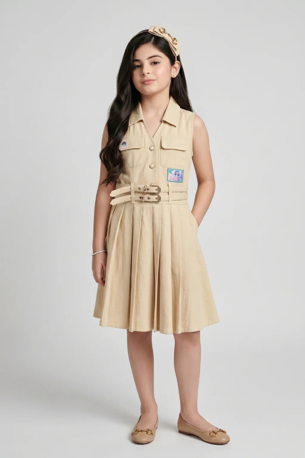 Barbie Beige Sleeveless Belted Pleated Dress BAM1273 - Image 3
