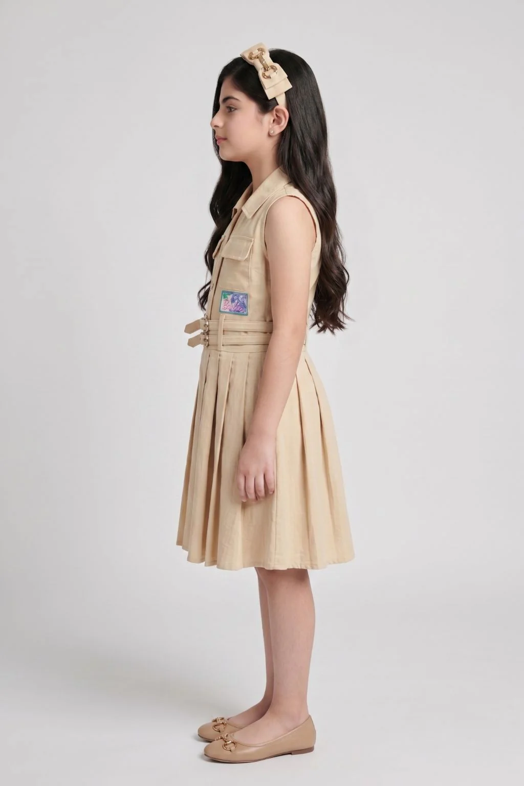 Barbie Beige Sleeveless Belted Pleated Dress BAM1273 - Image 4