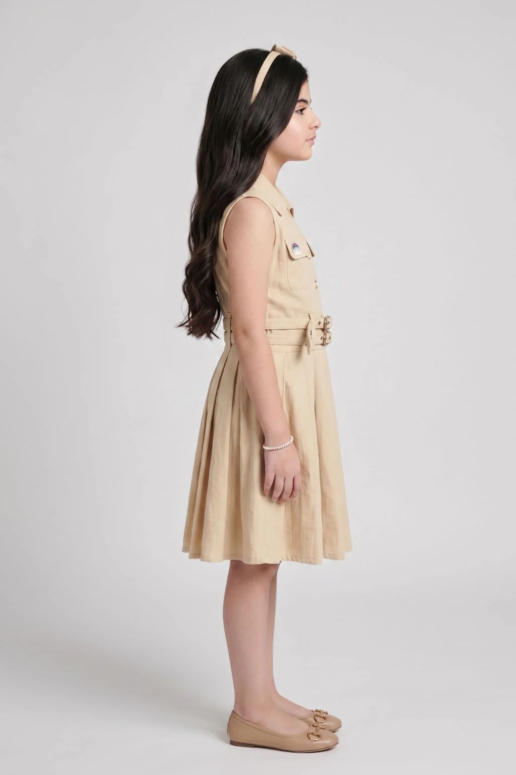 Barbie Beige Sleeveless Belted Pleated Dress BAM1273 - Image 5